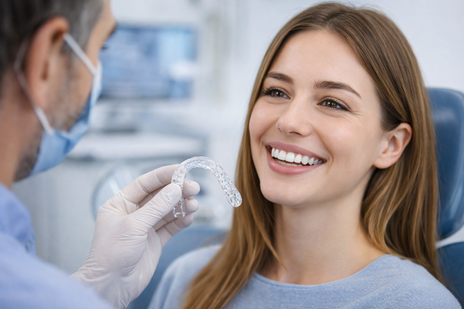 Paciente sorridente na clínica odontológica enquanto o dentista segura um alinhador transparente para dentes.