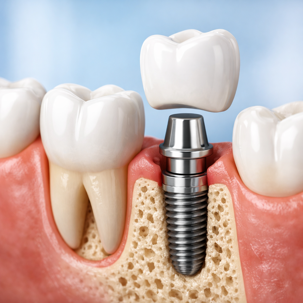Imagem de um procedimento de implante dental, mostrando uma raiz de tióxido de titanio com uma prótese de dente em cima, ao lado de dentes naturais.