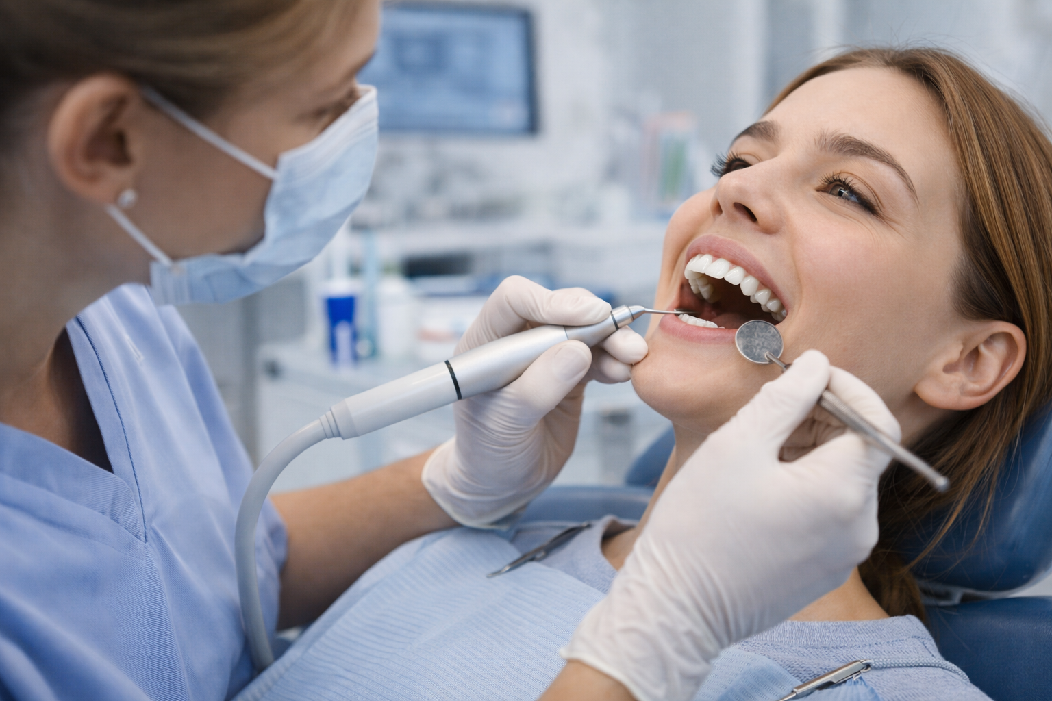 Dentista atendendo uma paciente na consulta odontológica, utilizando máscara, luvas e instrumentos na boca da paciente, que está sorrindo.
