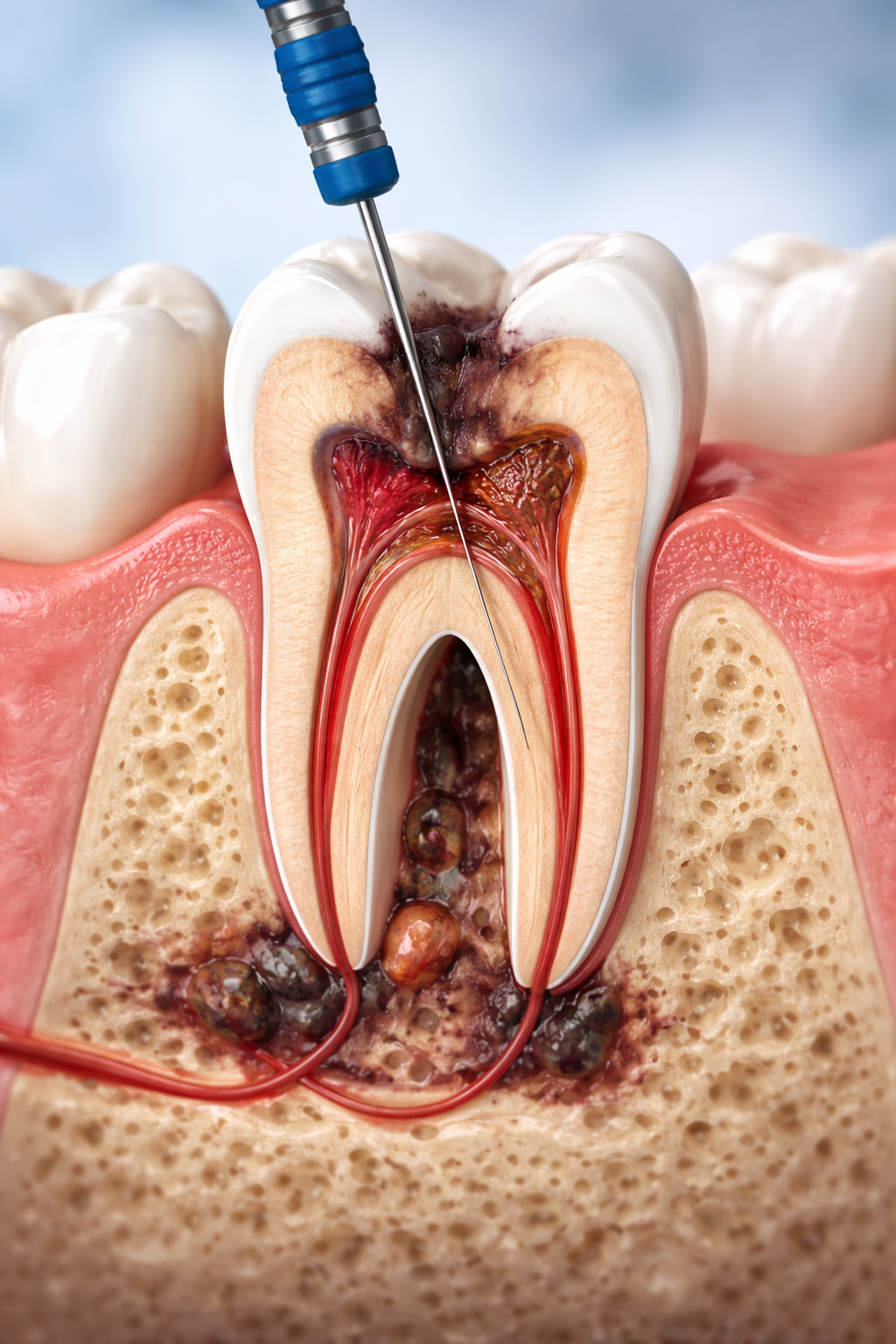 Imagem detalhada de um dente com infecção, mostrando a cárie e o interior do dente, incluindo a polpa e os canais radiculares, com instrumentos de um procedimento odontológico.