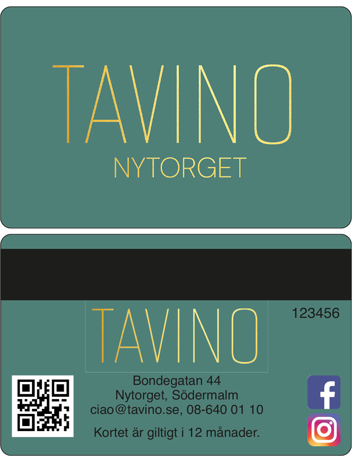 A teal-colored gift card for TAVINO Nyrget with the TAVINO logo and the address, email, and phone number, along with social media icons for Facebook and Instagram, and a QR code.