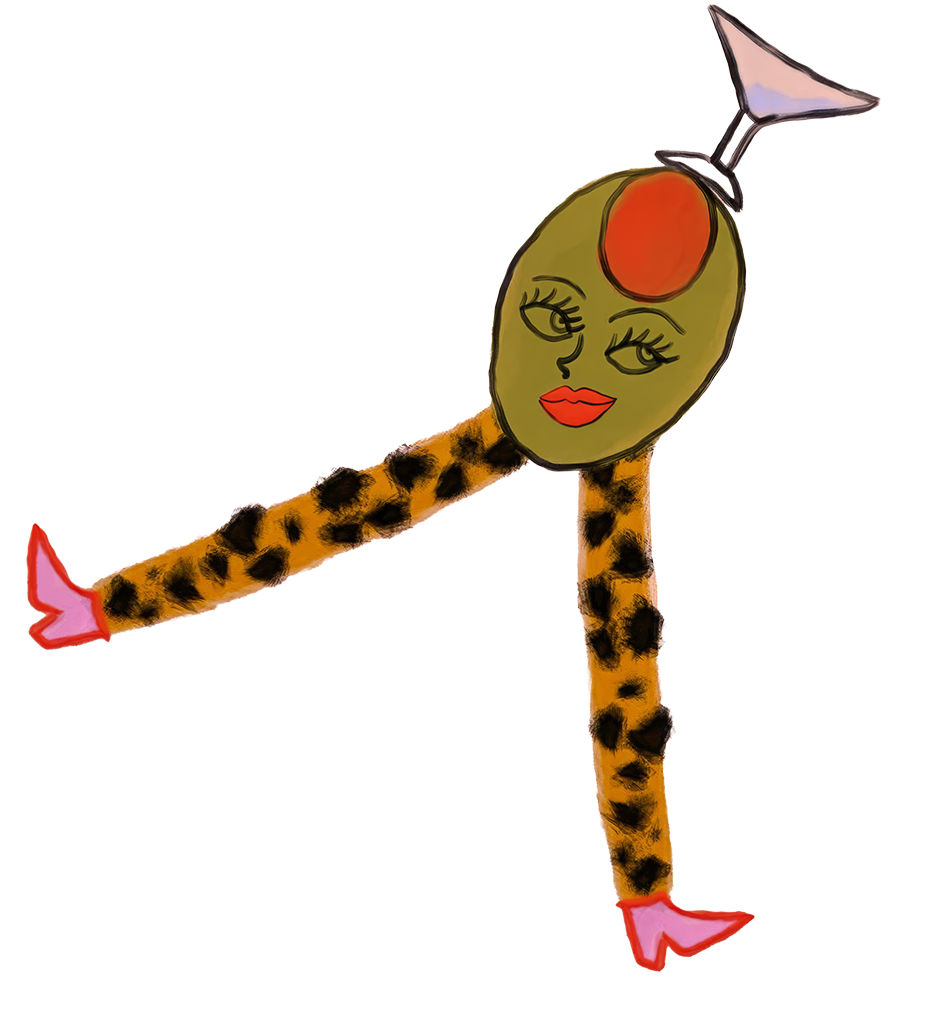 A whimsical drawing of a woman with a cat's body, featuring a woman's face with red lips and eyes, wearing a martini glass as a hat, and a body resembling a leopard's tail and limbs with pink hands.