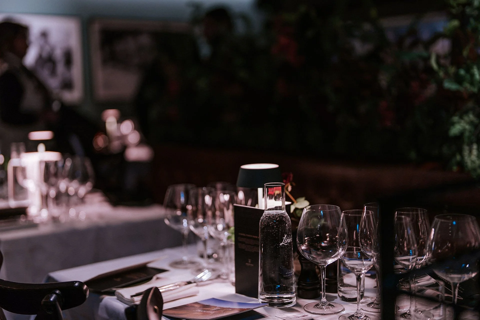 Vackert dukat bord för en fin middag, med glas, vattenglas, vin- eller champagneglas, ett vattenkanna, en liten ljuslykta, en mörk bakgrund med växter, en svart menyn or skrift, beskrivande detalj av ett elegant middagsarrangemang.