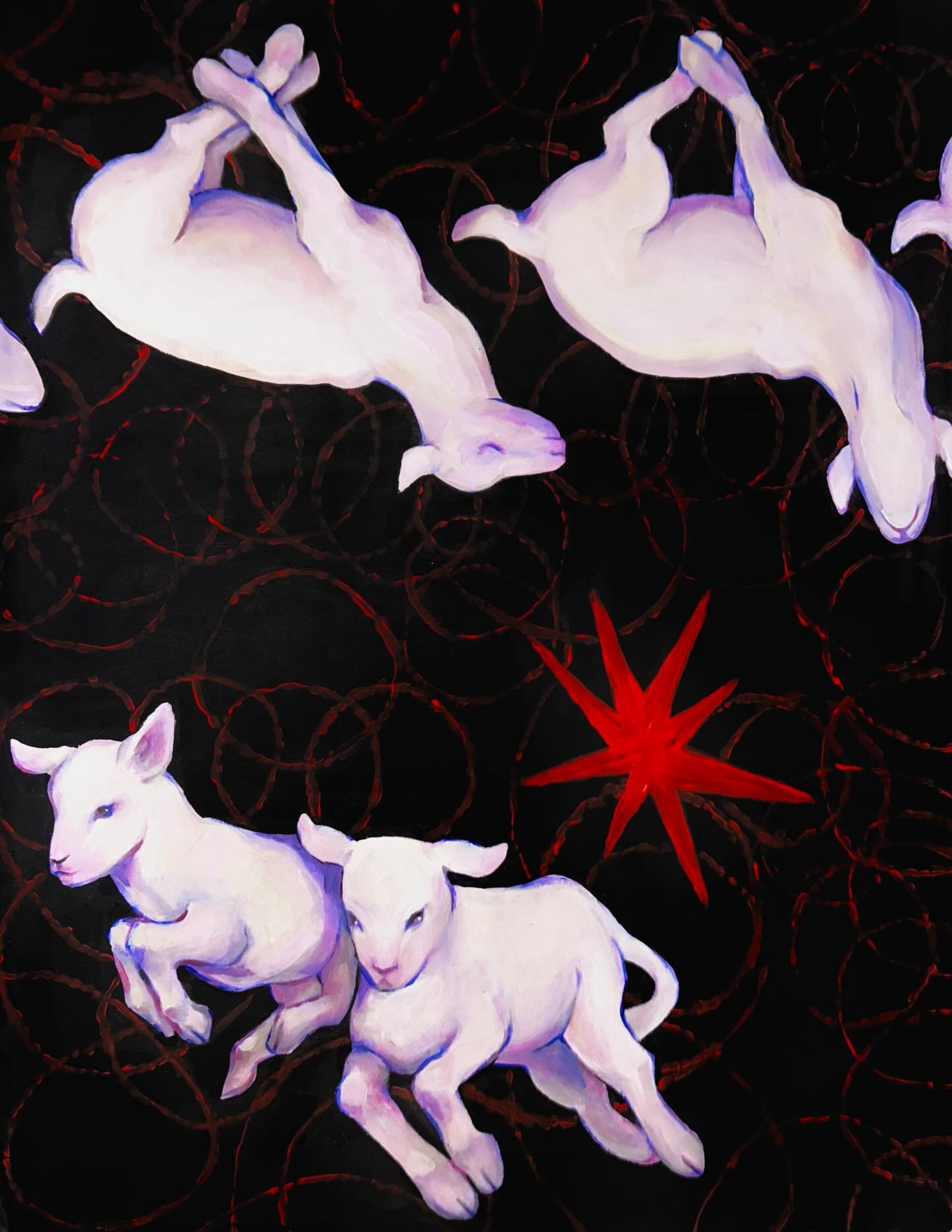 &ldquo;For men will be blasphemers&ldquo;

having no natural affection

Symbolic elements:
- running lambs
- red pattern resembling barbed wire 
- lambs resembling slaughter 
- misshaped star 
- blackout background