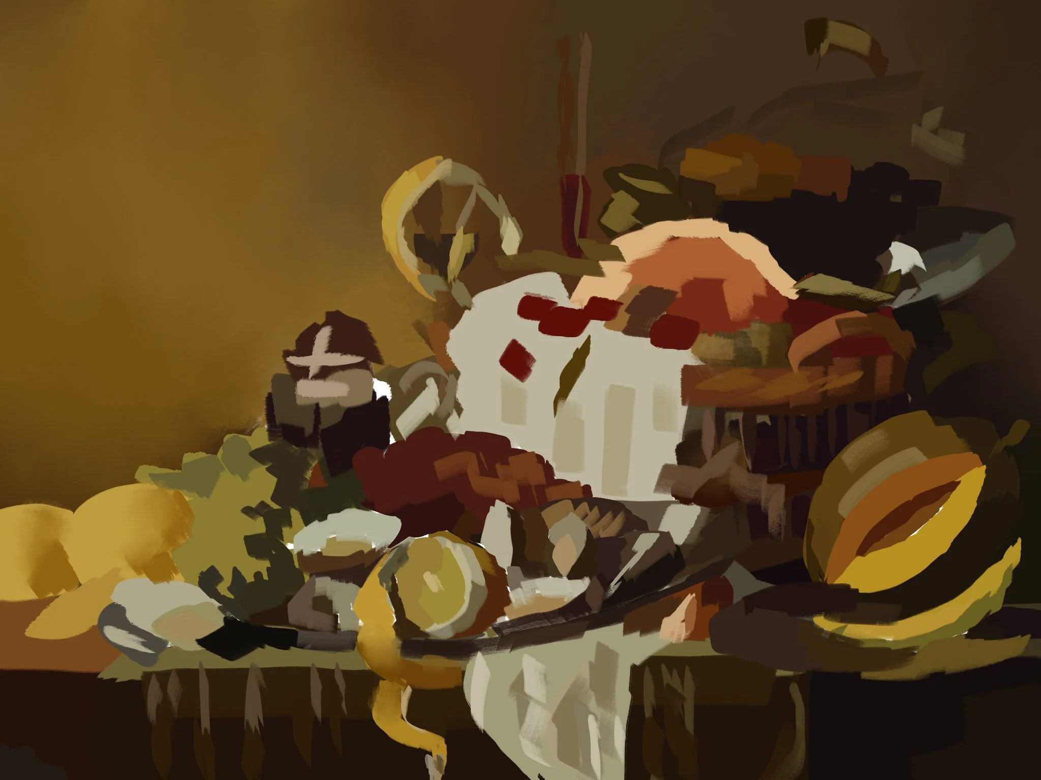 Still life painting of a diverse assortment of fruits on a table, including bananas, oranges, lemons, and various other fruits, arranged in an abstract, impressionistic style.