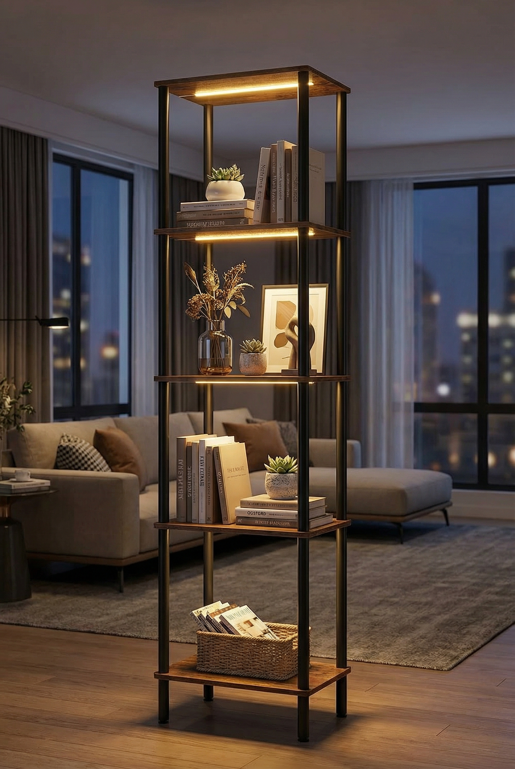 Living room with floor-to-ceiling windows, a beige sofa with pillows, a small side table, and a tall open shelving unit with wooden shelves and black metal frame, decorated with books, plants, and art, illuminated with warm lighting.