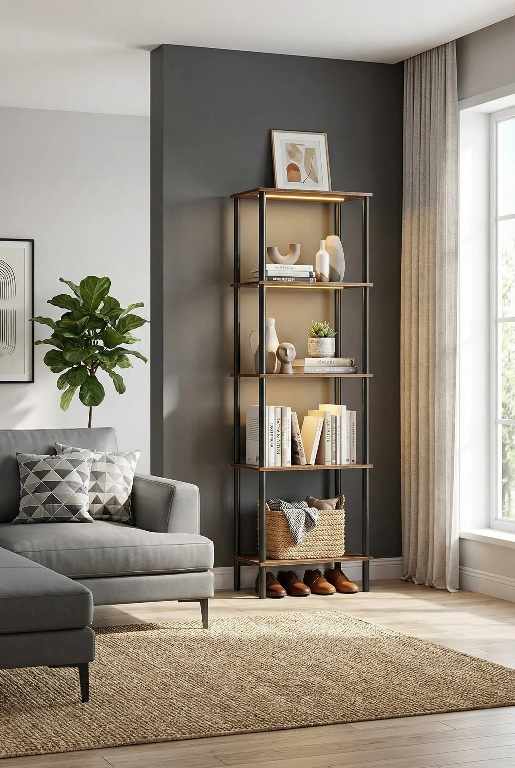 Living room corner with a gray sectional sofa, patterned pillows, a tall plant, a beige rug, and a black metal and wood bookshelf decorated with vases, books, and a small plant next to a window with cream curtains.