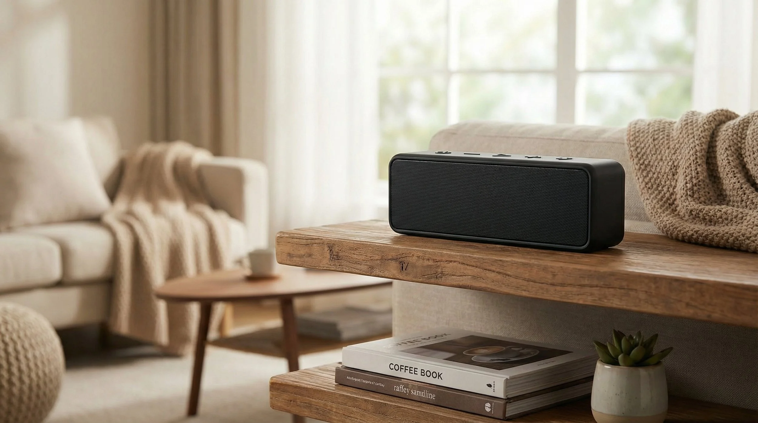 Black portable speaker on a wooden shelf in a cozy living room with a white sofa, books, and a small plant.