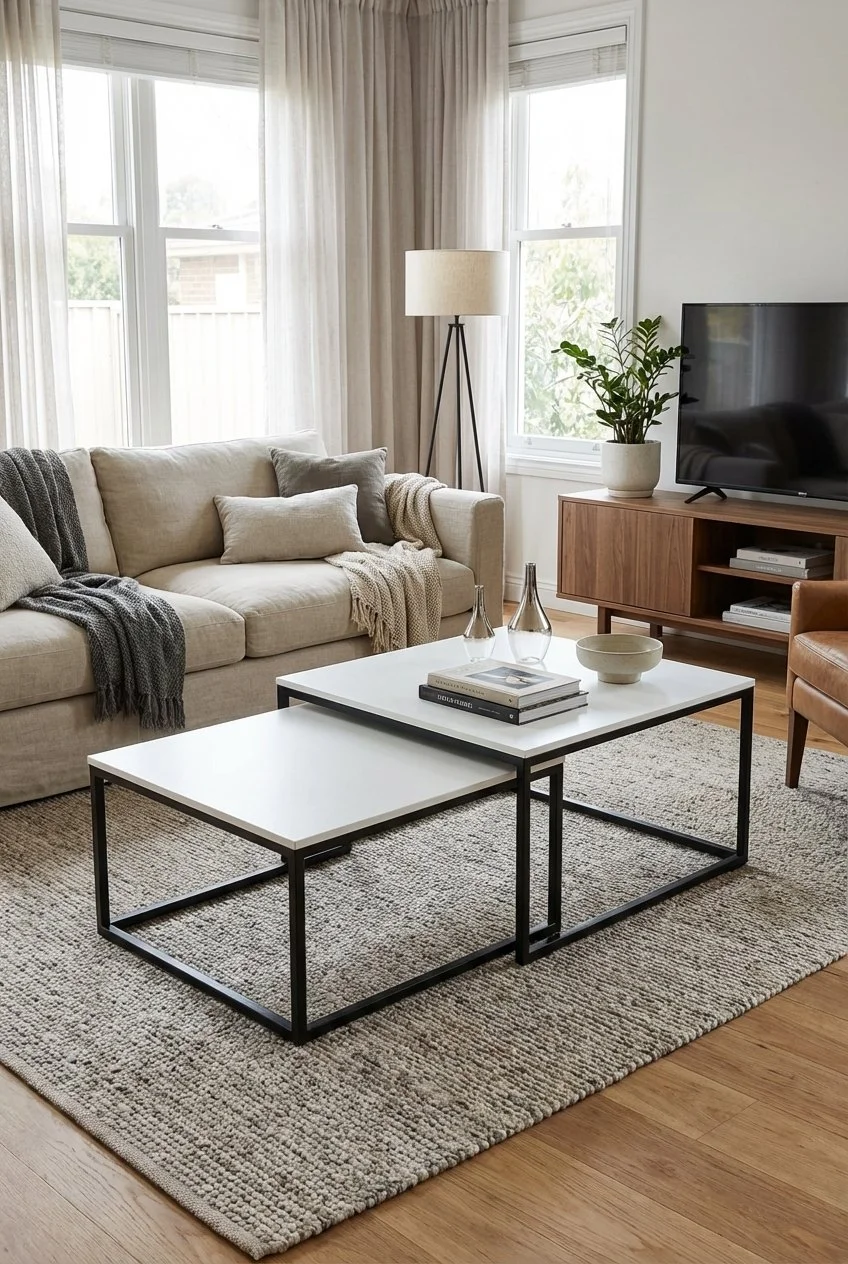 Living room with beige sofa, gray and beige pillows, a textured throw blanket, a white coffee table with black frame, decorative books, vases, a shallow bowl, a TV on a wooden stand with books, a potted plant, a tall floor lamp, large windows with sheer curtains, and a patterned rug on hardwood floors.