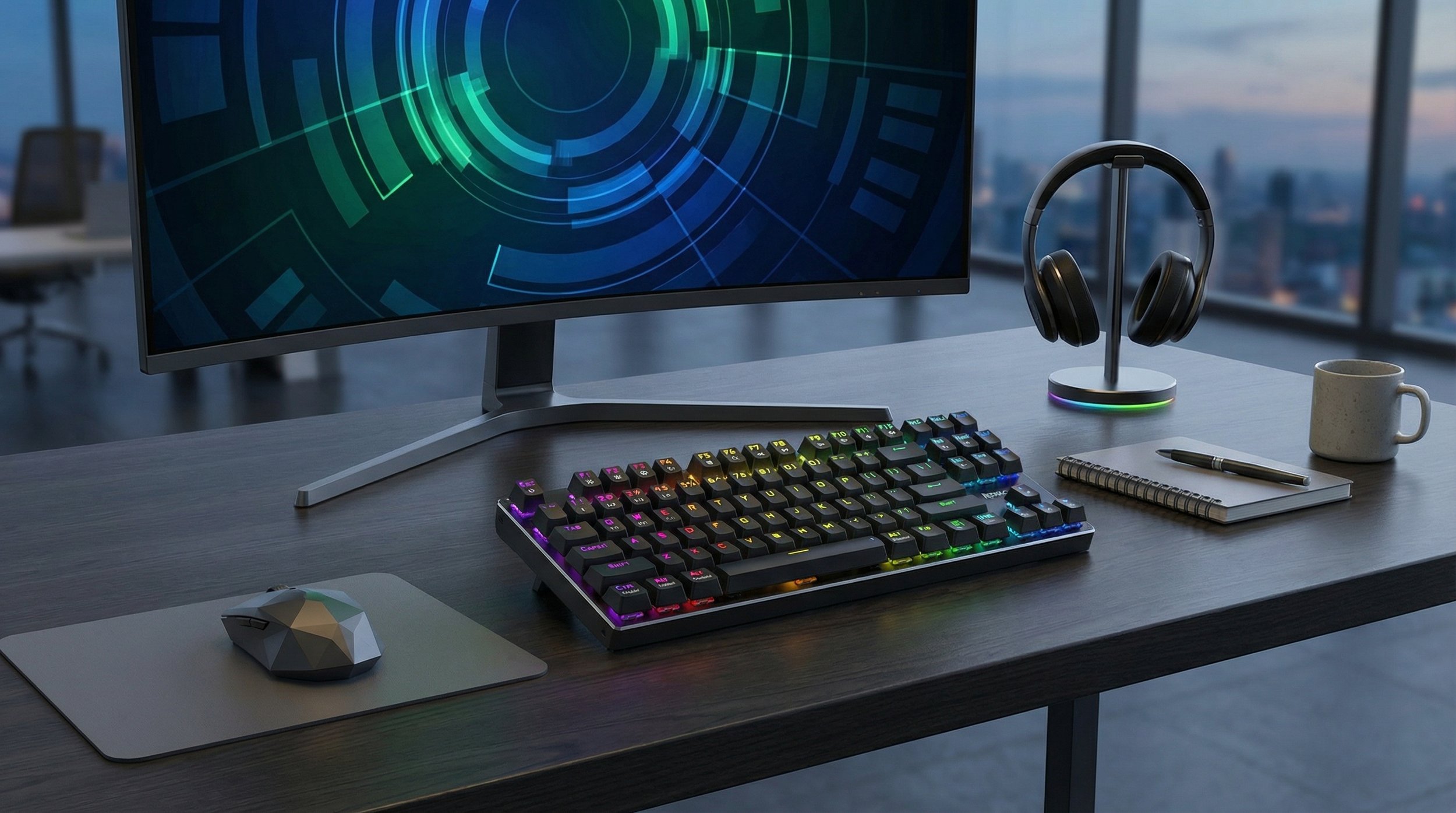 A modern workspace setup with a computer monitor displaying a digital interface, a mechanical keyboard with RGB backlighting, a wireless mouse on a grey mouse pad, a pair of black headphones on a stand, a small notepad with a pen, a white mug, and a city skyline visible through large windows in the background.