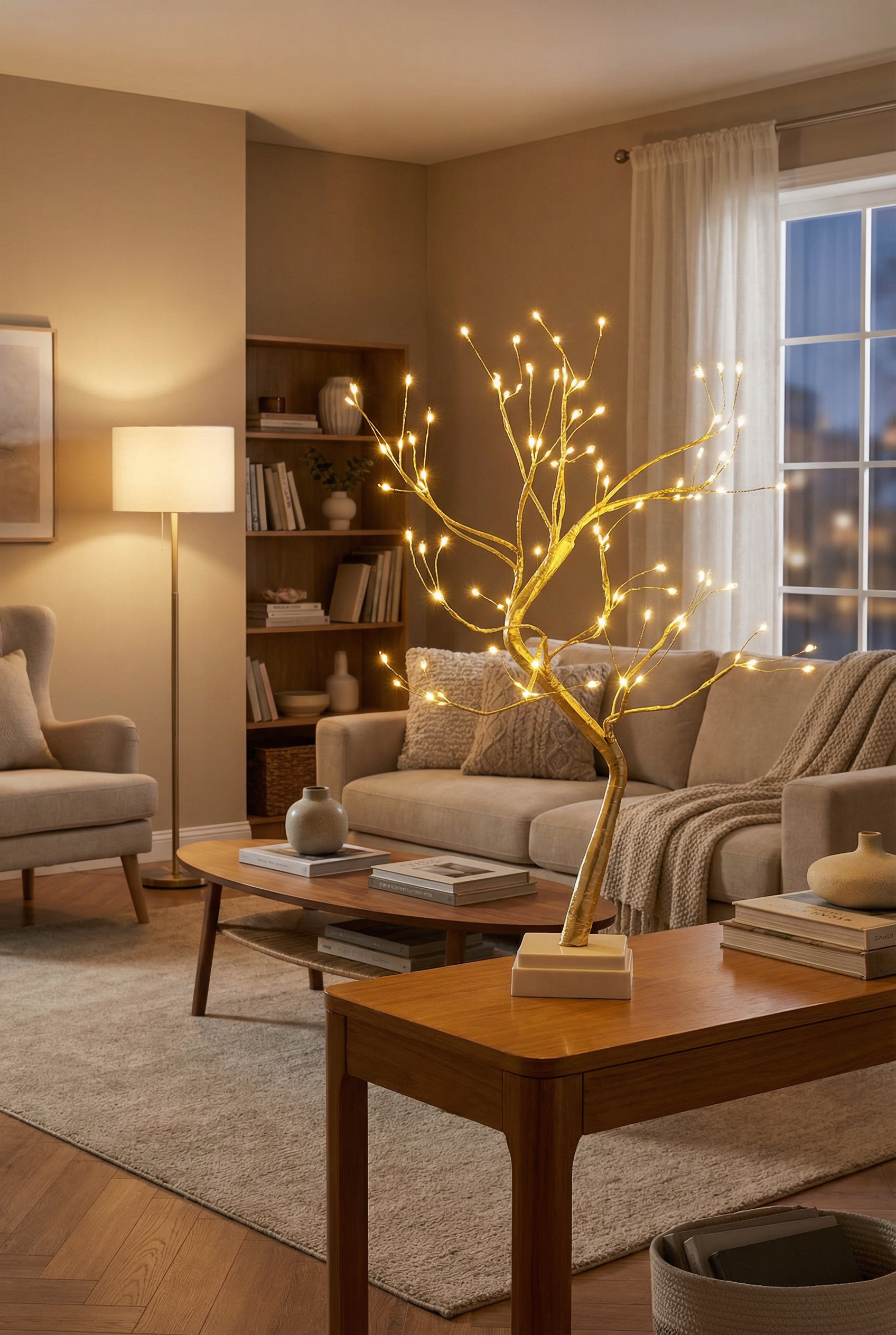 Living room with a beige sofa, armchair, modern coffee table, bookshelf, and a decorative tree with string lights near a window, illuminated by warm lighting.