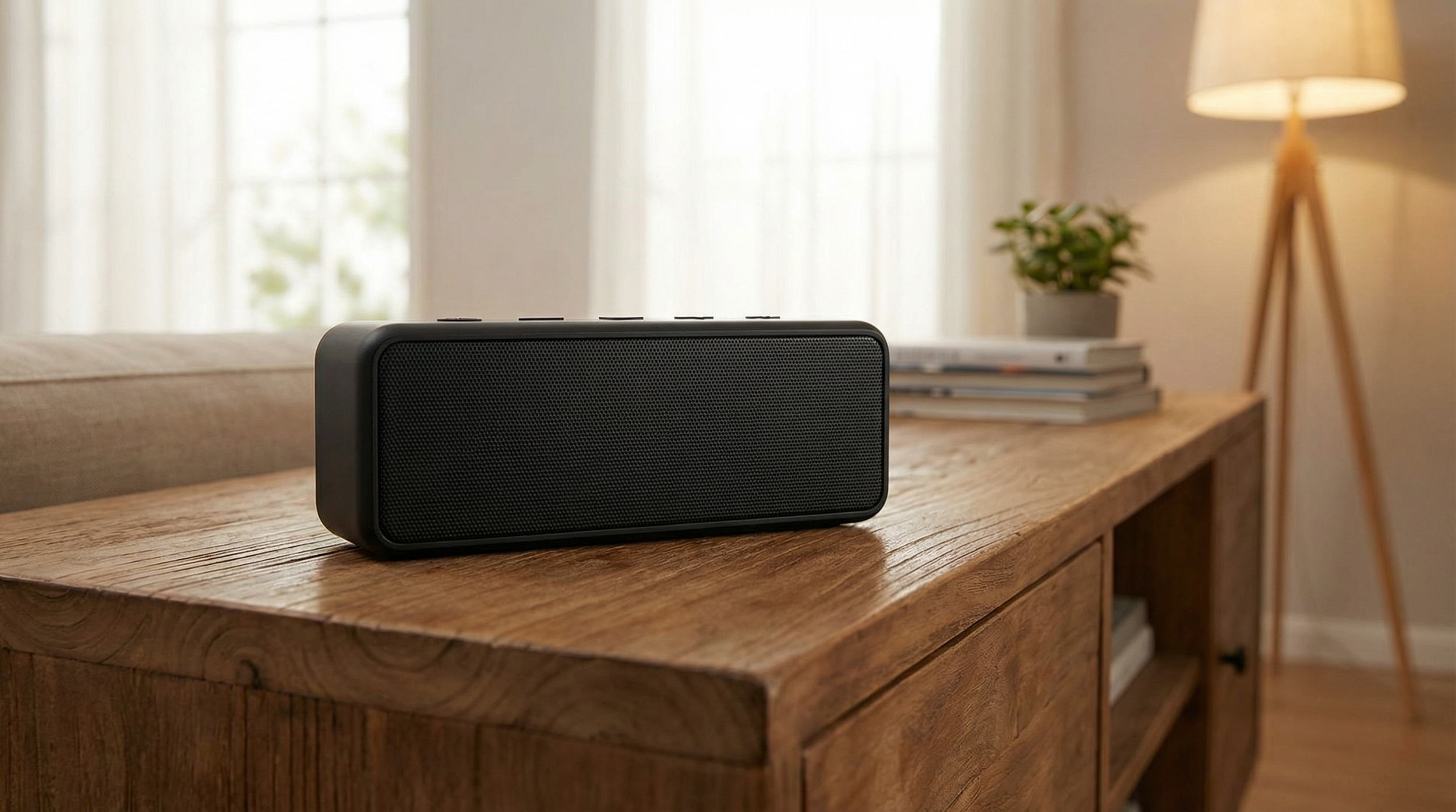 A black rectangular speaker with a mesh front sits on a wooden sideboard in a room with natural light coming through sheer curtains, a potted plant, a stack of magazines, and a floor lamp in the background.