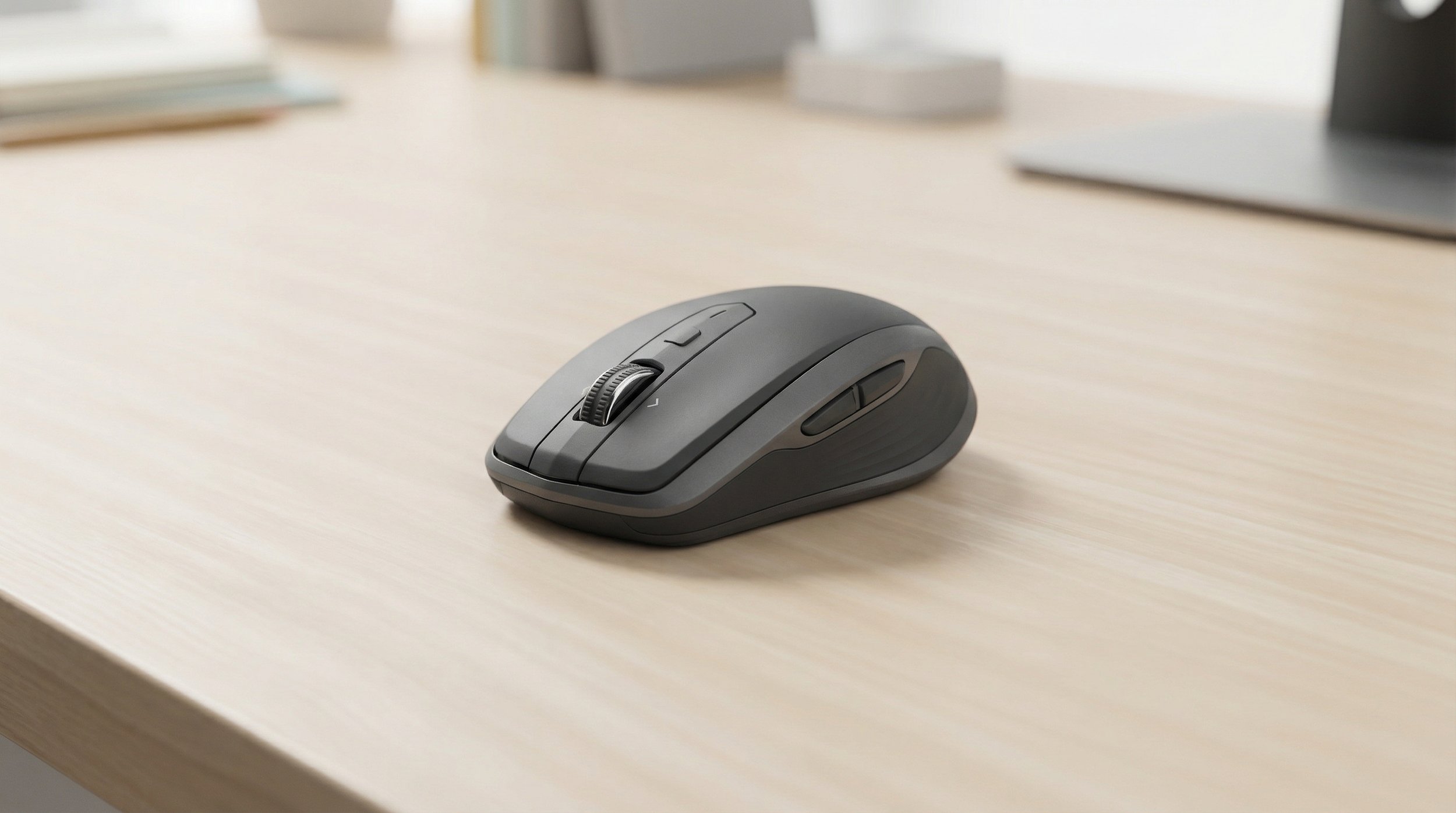 Wireless computer mouse on a wooden desk in an office setting.