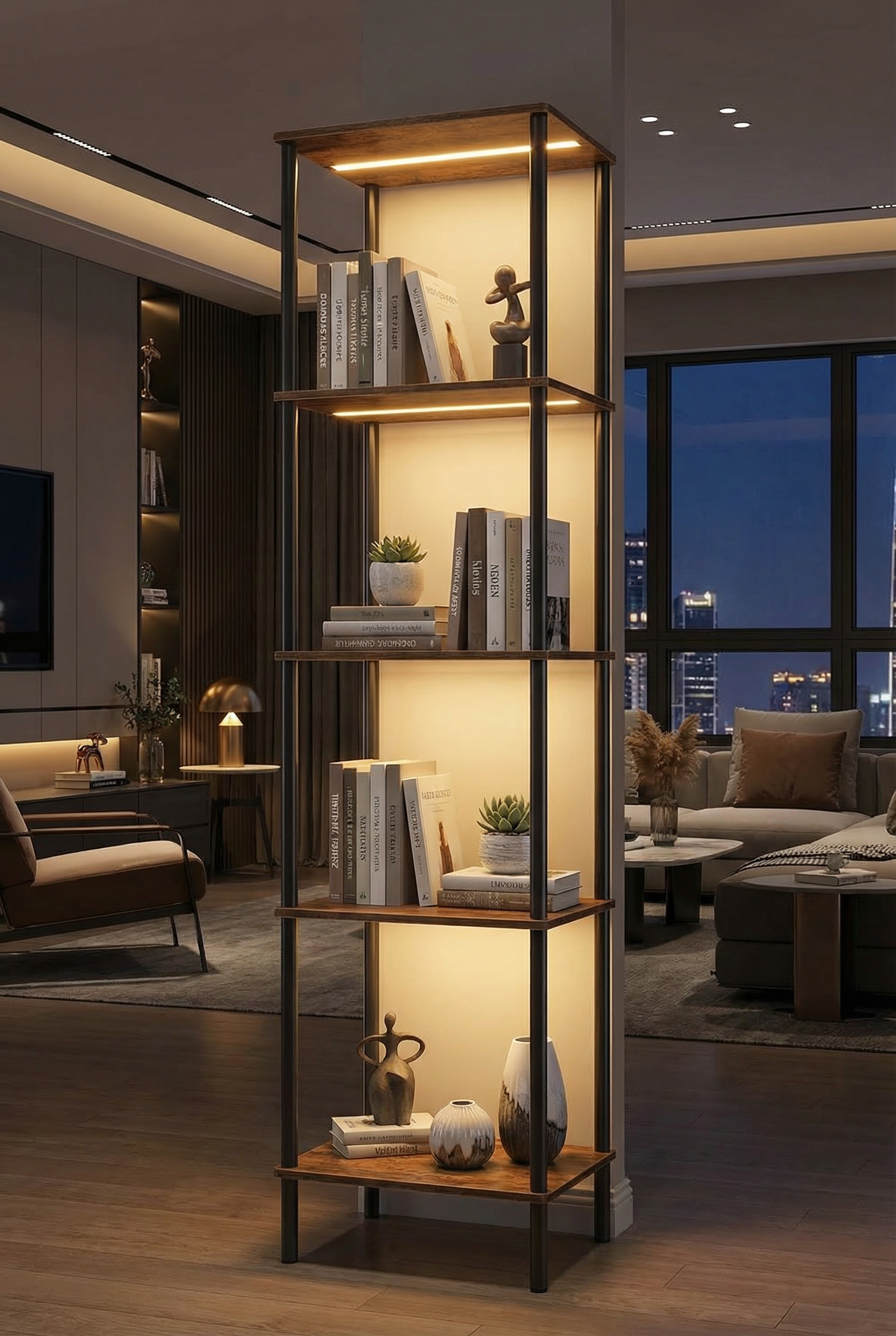 Modern living room with a tall illuminated bookshelf with decorative vases, books, and small sculptures, set against large windows showing a city at night.