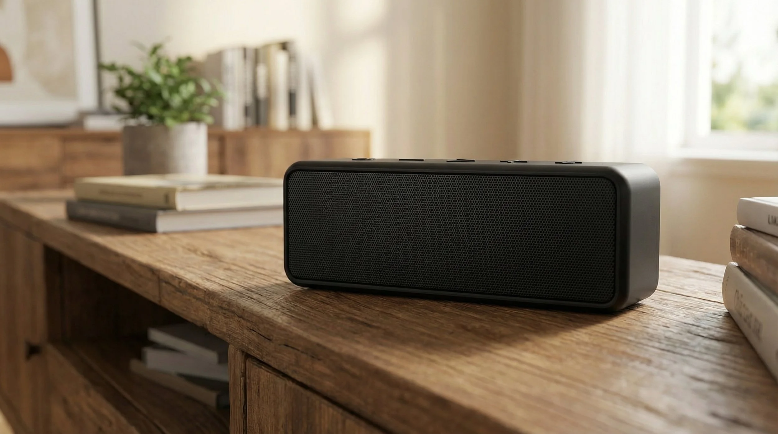 Black portable speaker on a wooden table in a cozy room with natural light.