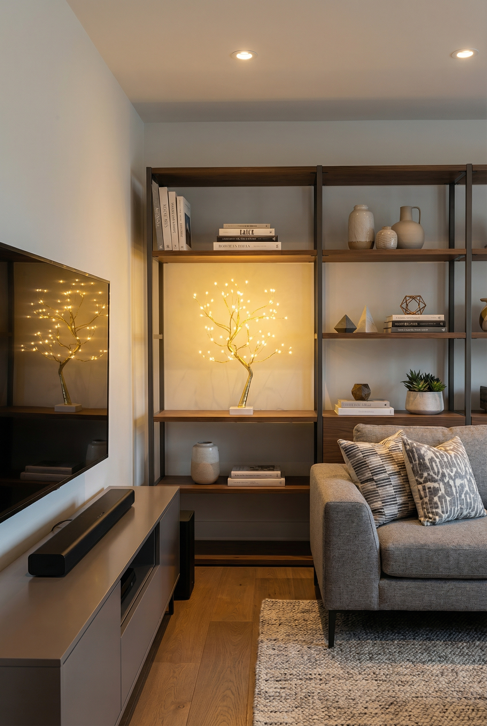 Living room with a wall-mounted TV, a gray couch with patterned pillows, a wooden bookshelf with decorative items and books, and a decorative lamp in the shape of a tree with lights inside.