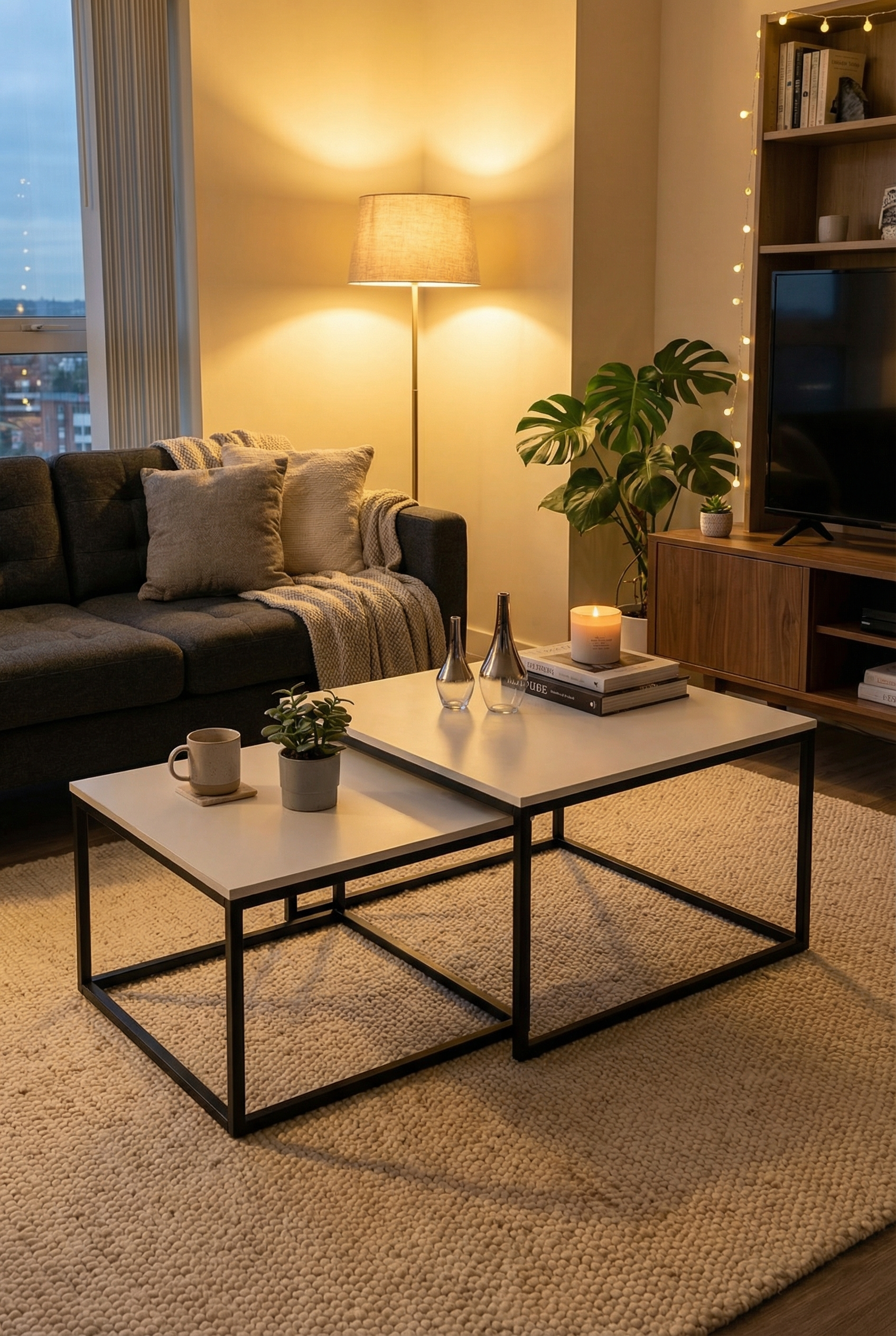 Cozy living room with a dark gray sofa, beige pillows, a beige throw blanket, a wooden TV stand with a flat-screen TV, a large leafy green plant, a tall floor lamp, a small table with a plant, mug, and bottles, a lit candle, books, a beige area rug, and string lights.