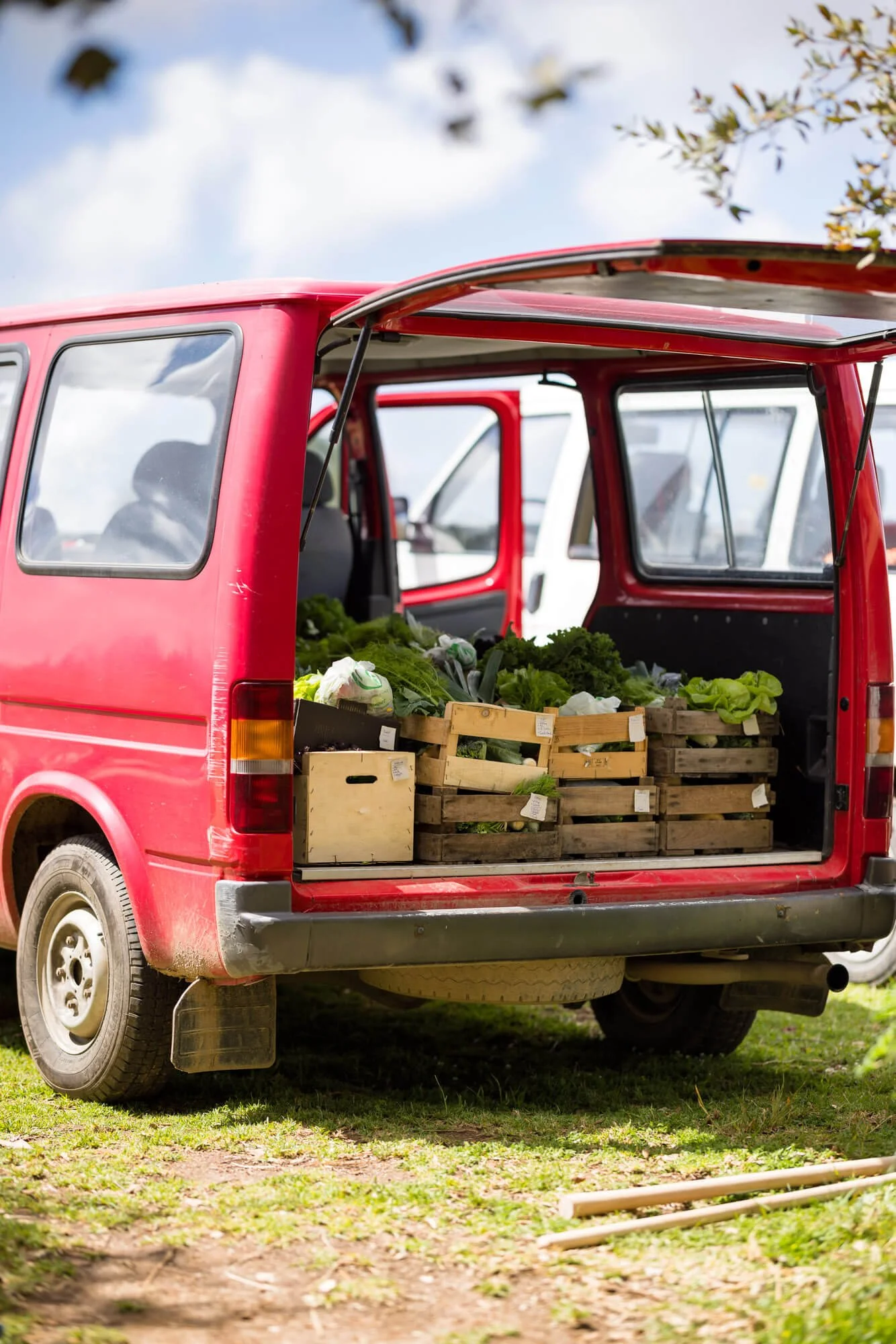 Red van with open trunk filled with wooden crates of fresh vegetables.