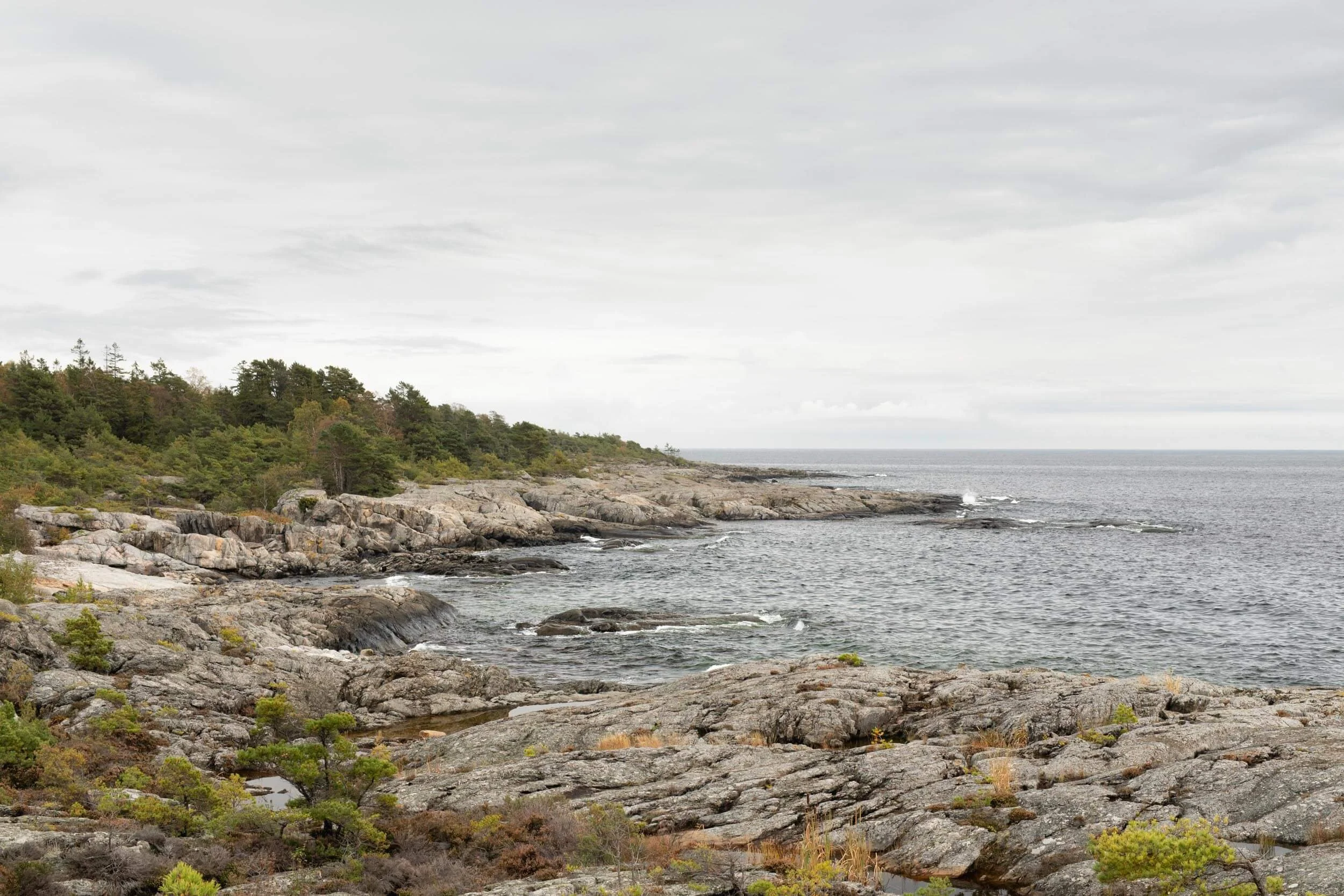 Rocky coastal landscape with ocean waves and overcast sky