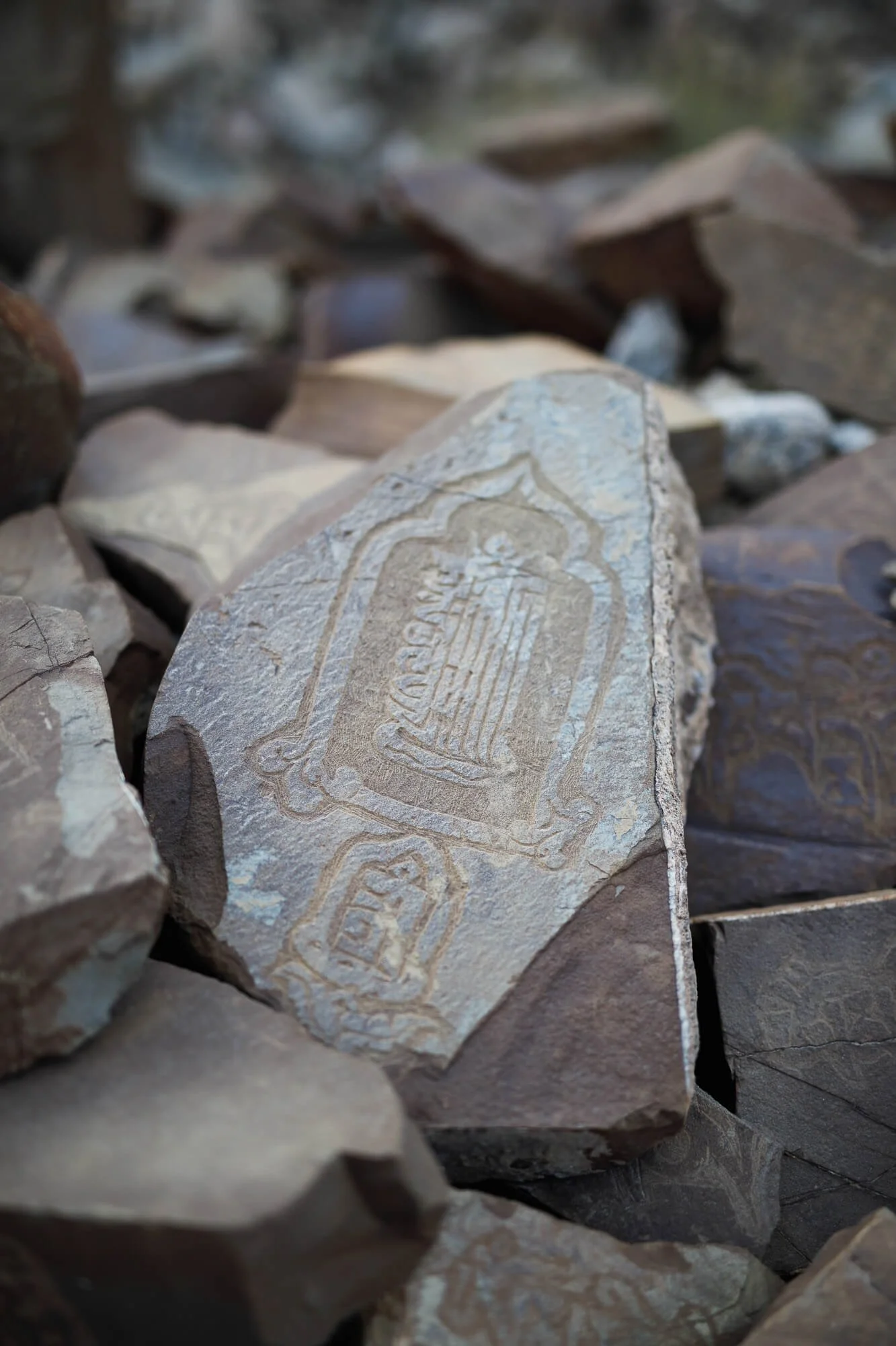 Carved stone with ancient script and designs on a pile of rocks.