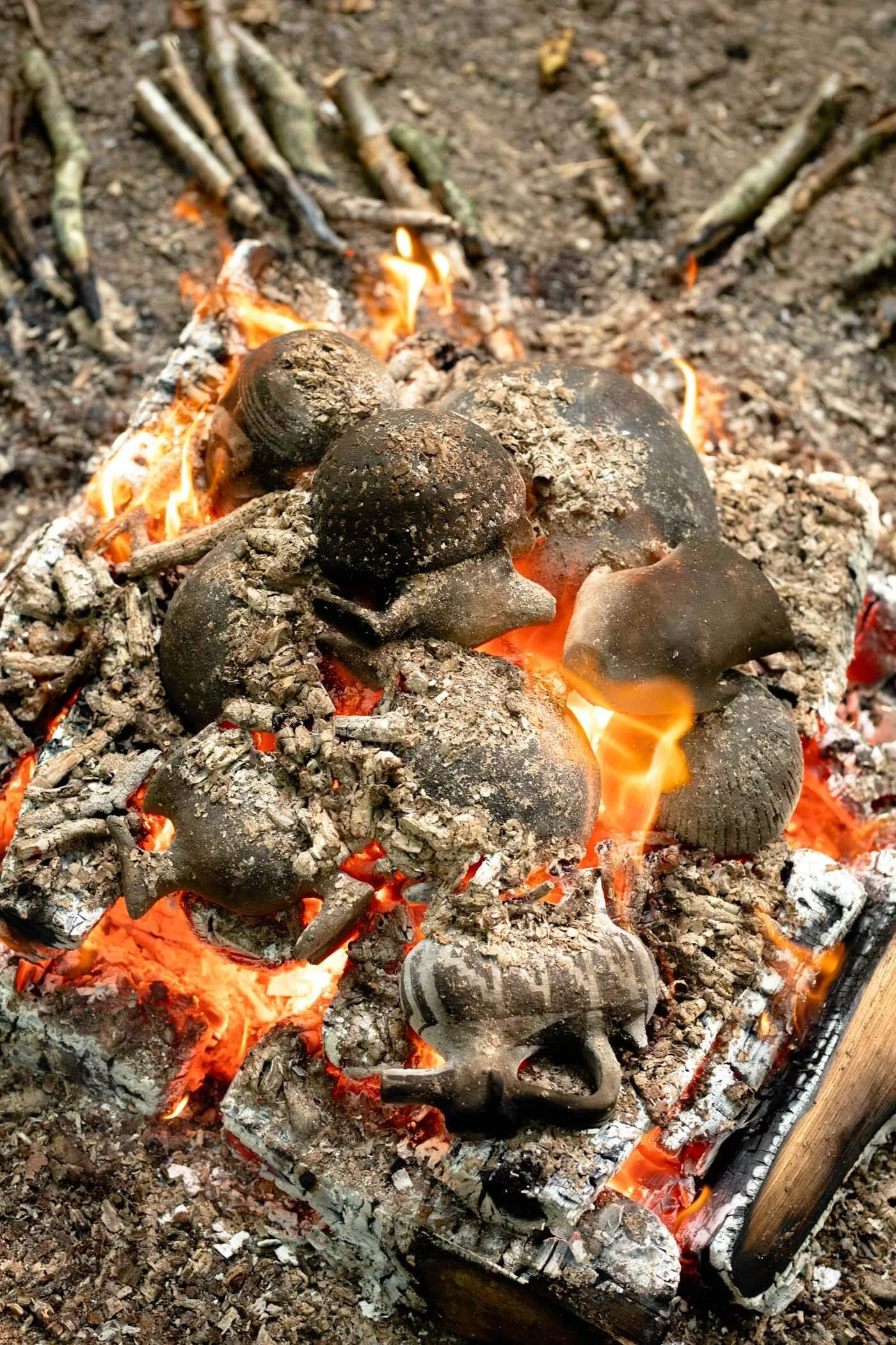 Close-Up, Fired Wild Pots In Open Fire Pottery Embers