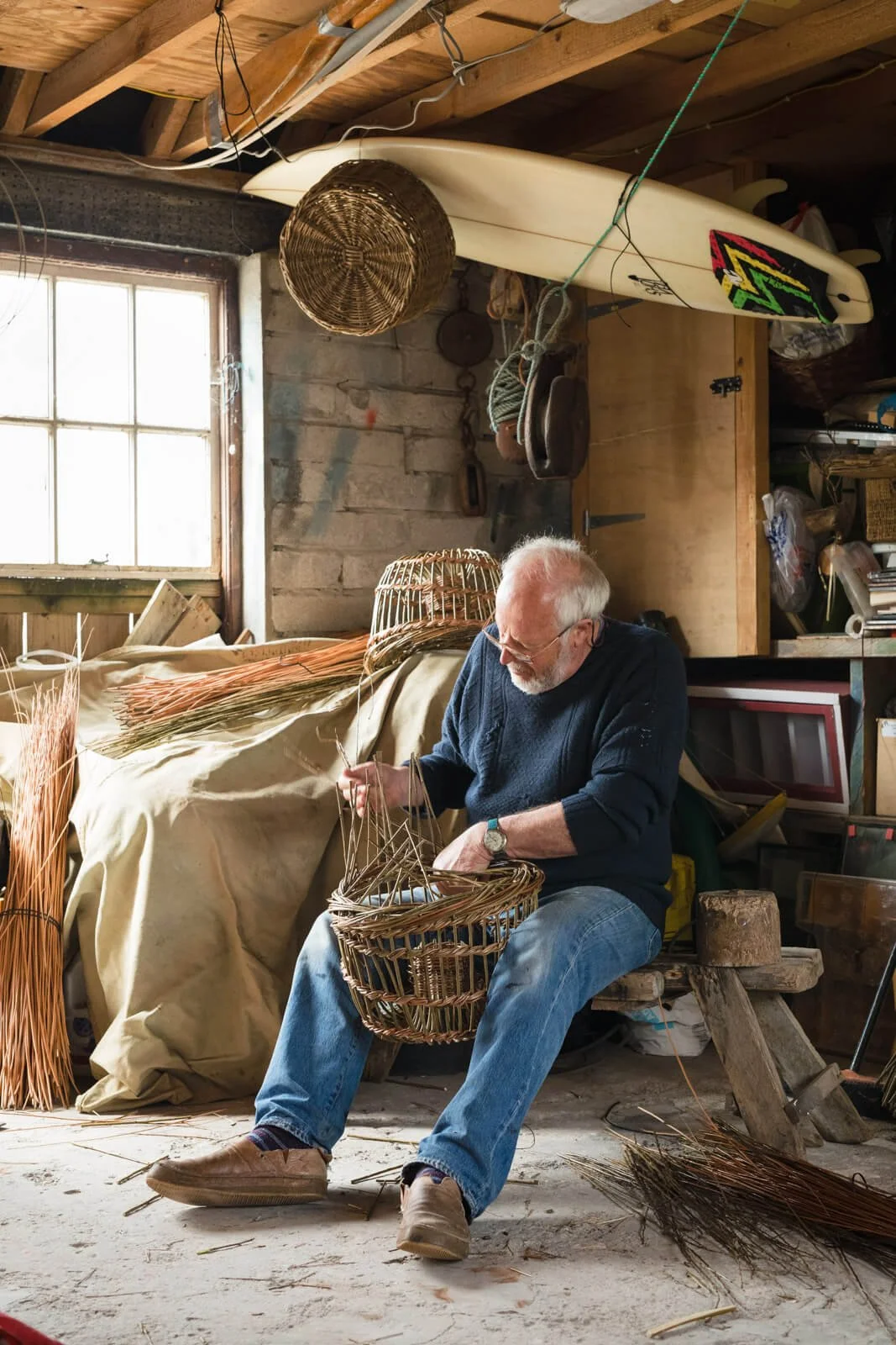Nigel Legge Weaving Traditional Willow Lobster Pot in His Workshop, Cornwall UK