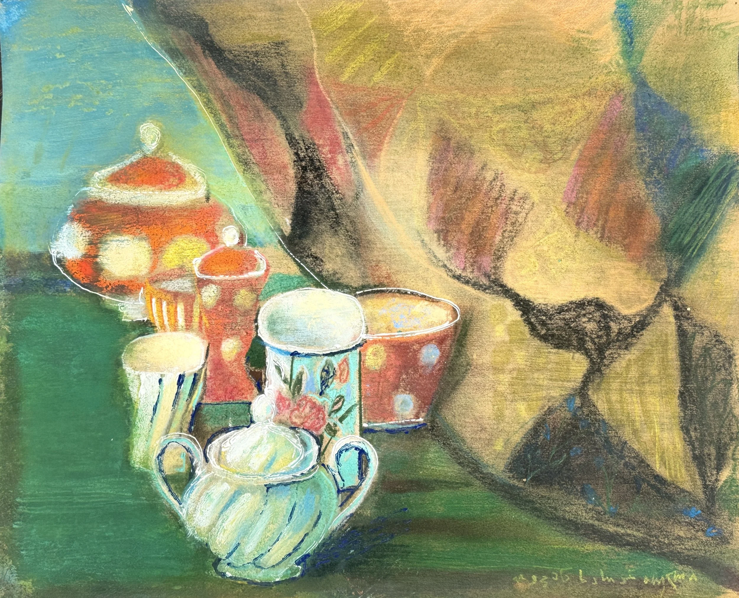 Still life with cups,
Mixed media on paper,
37 x 45 cm. 2026