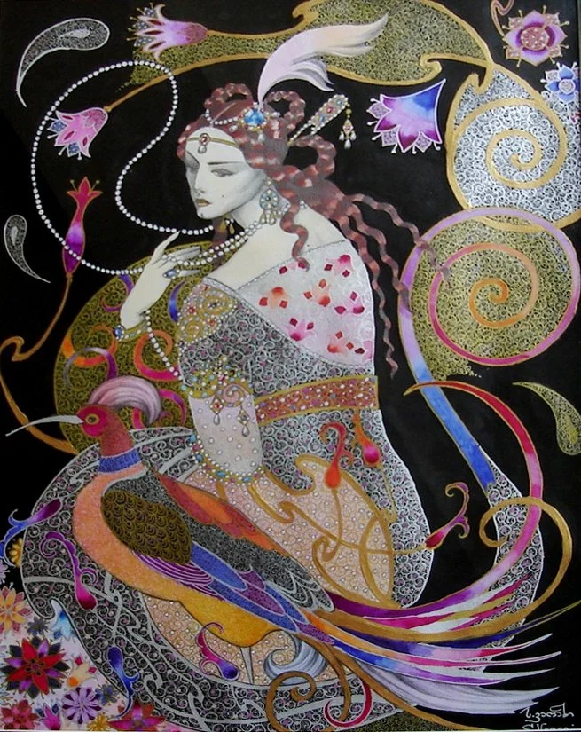 სოფიო ვარაზი, ''ქალი და სამოთხის ჩიტი'' ქაღალდი, შერეული ტექნიკა, 42X30.JPG