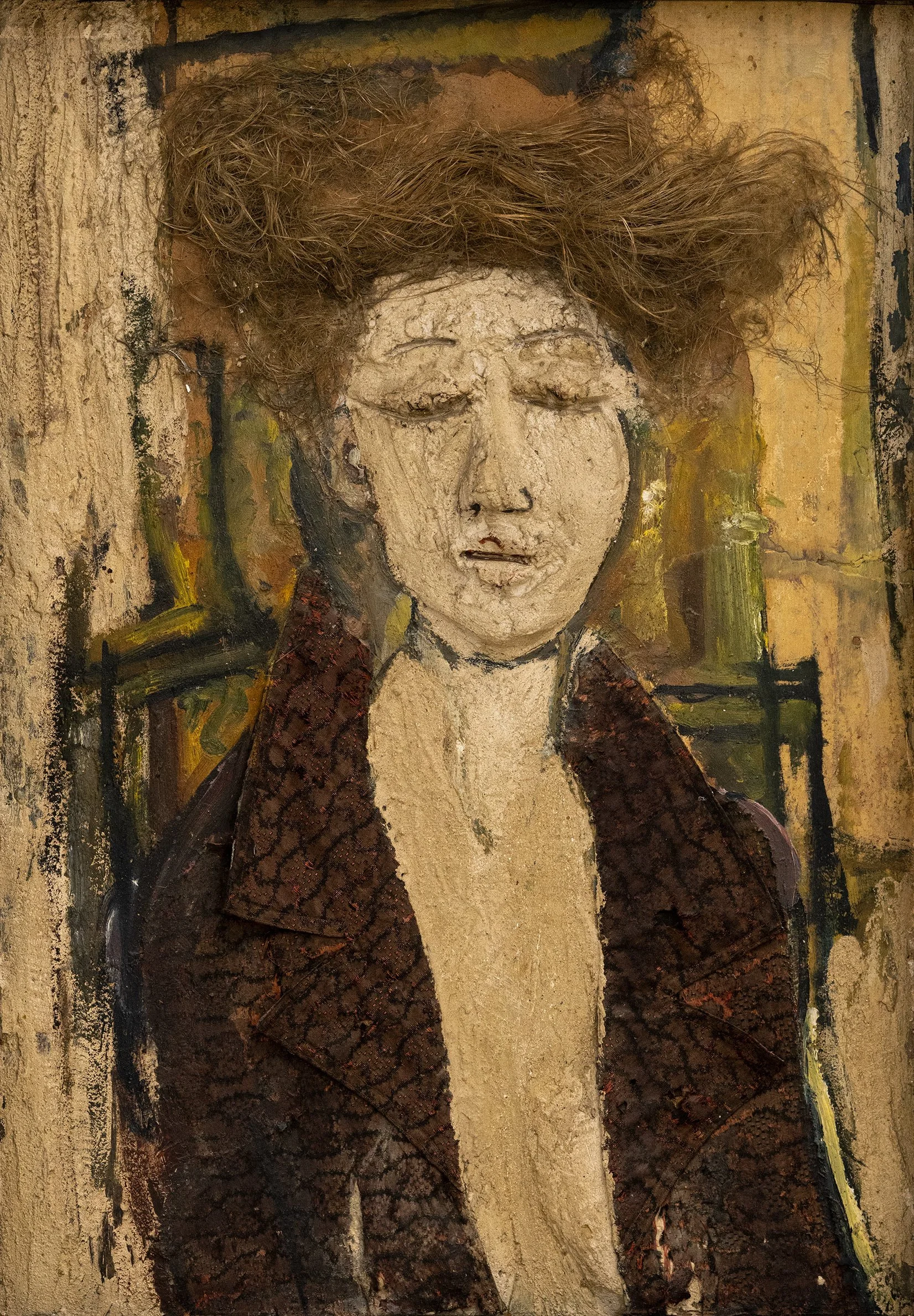 Avto Varazi  WOMAN WITH DISHEVELED HAIR
Oil on Cardboard, Plaster, See grass, Cloth, 80 x 55,5 cm. 1971
Price on Request