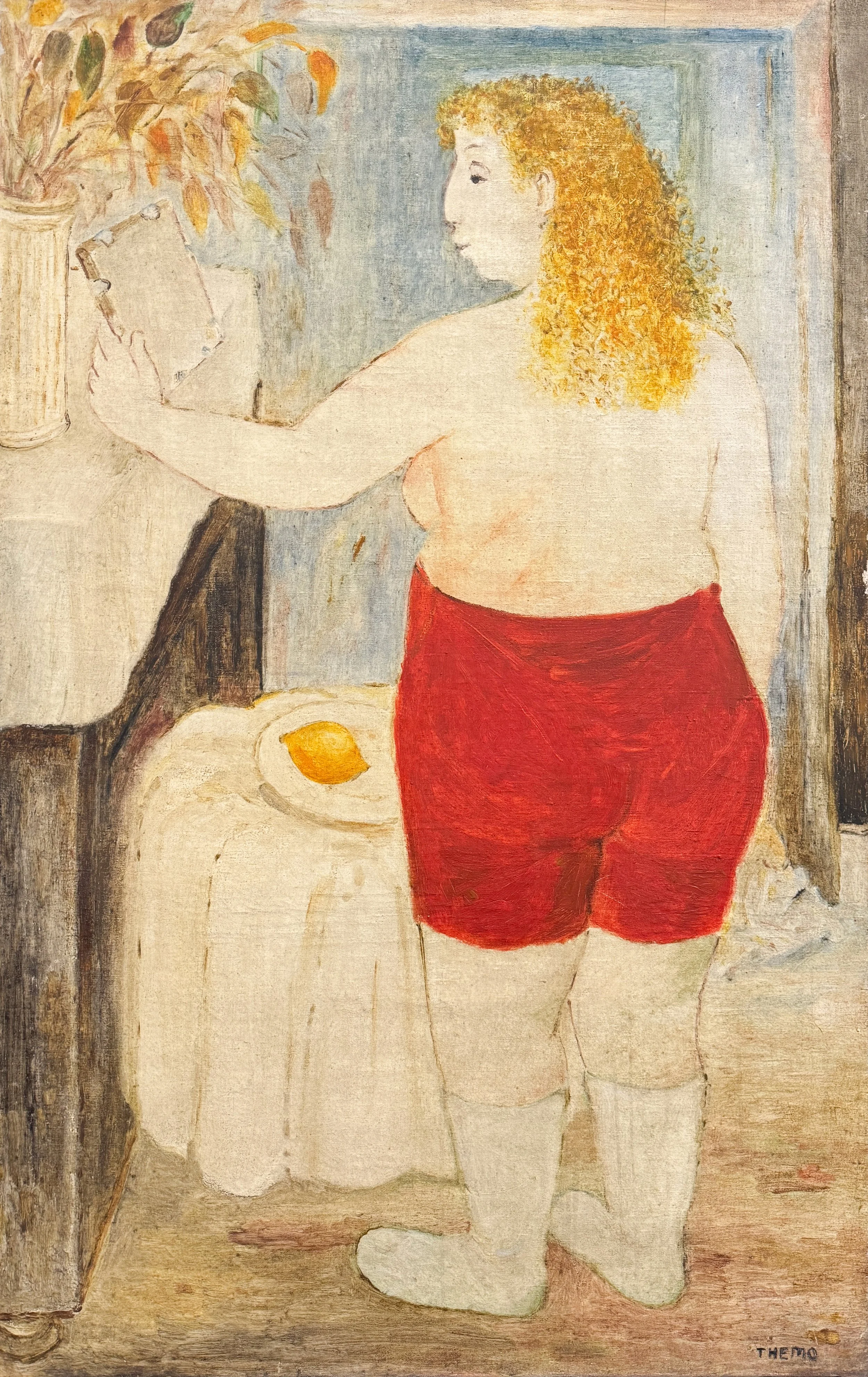 Painting of a woman with curly blonde hair wearing red shorts and white stockings, standing in a room with a vase of flowers and a table with a lemon on a plate.