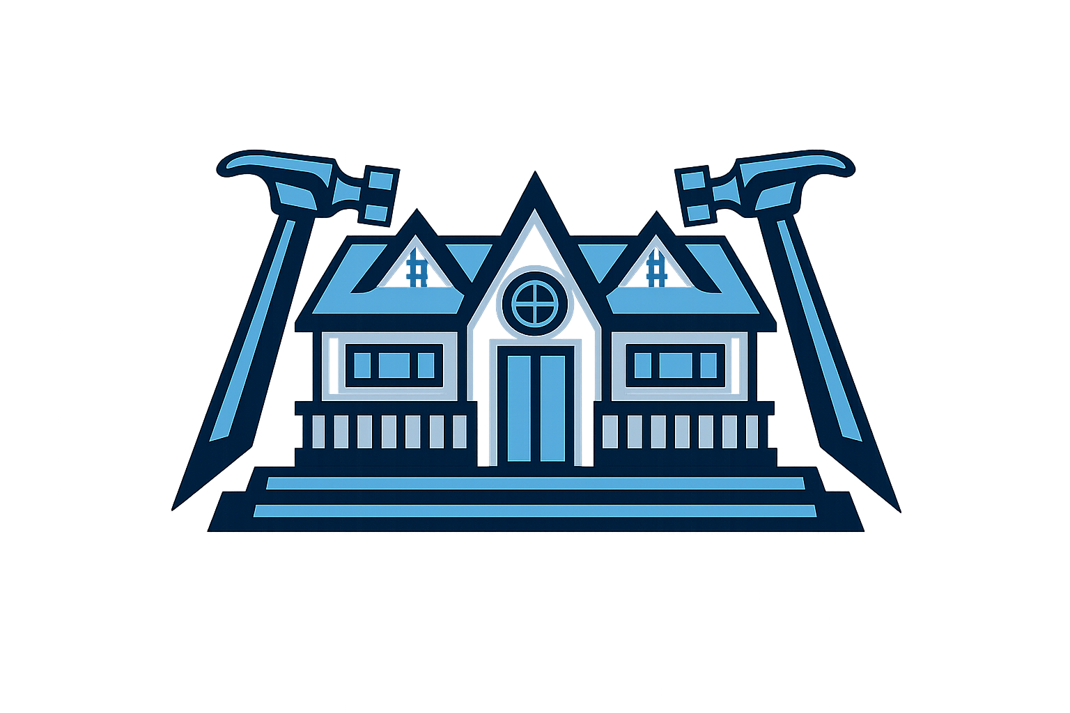 A digital illustration of a large, house with windows, and a staircase leading to the front door. Our company logo