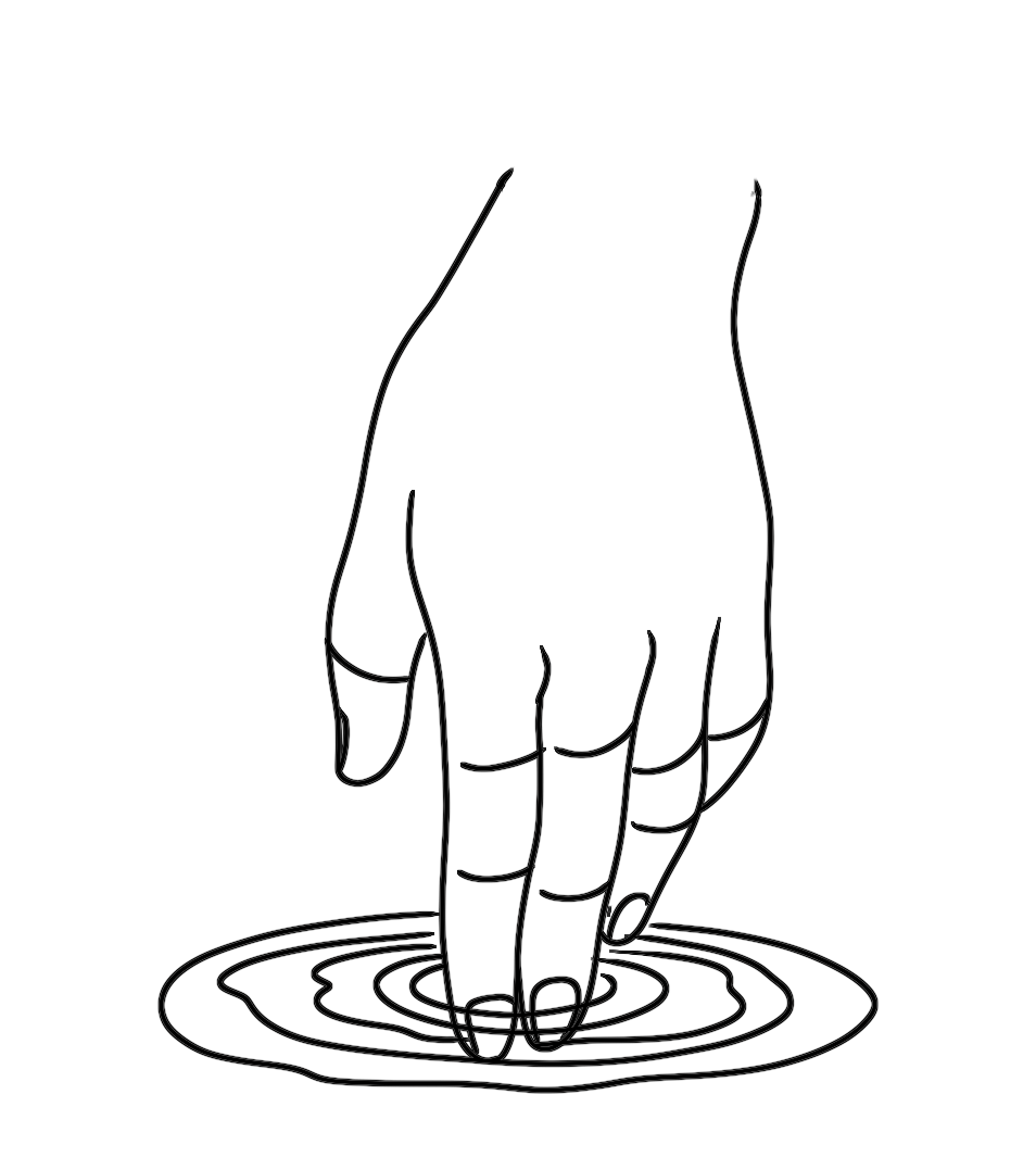 Outline drawing of a hand with three fingers touching water surface, creating ripples.