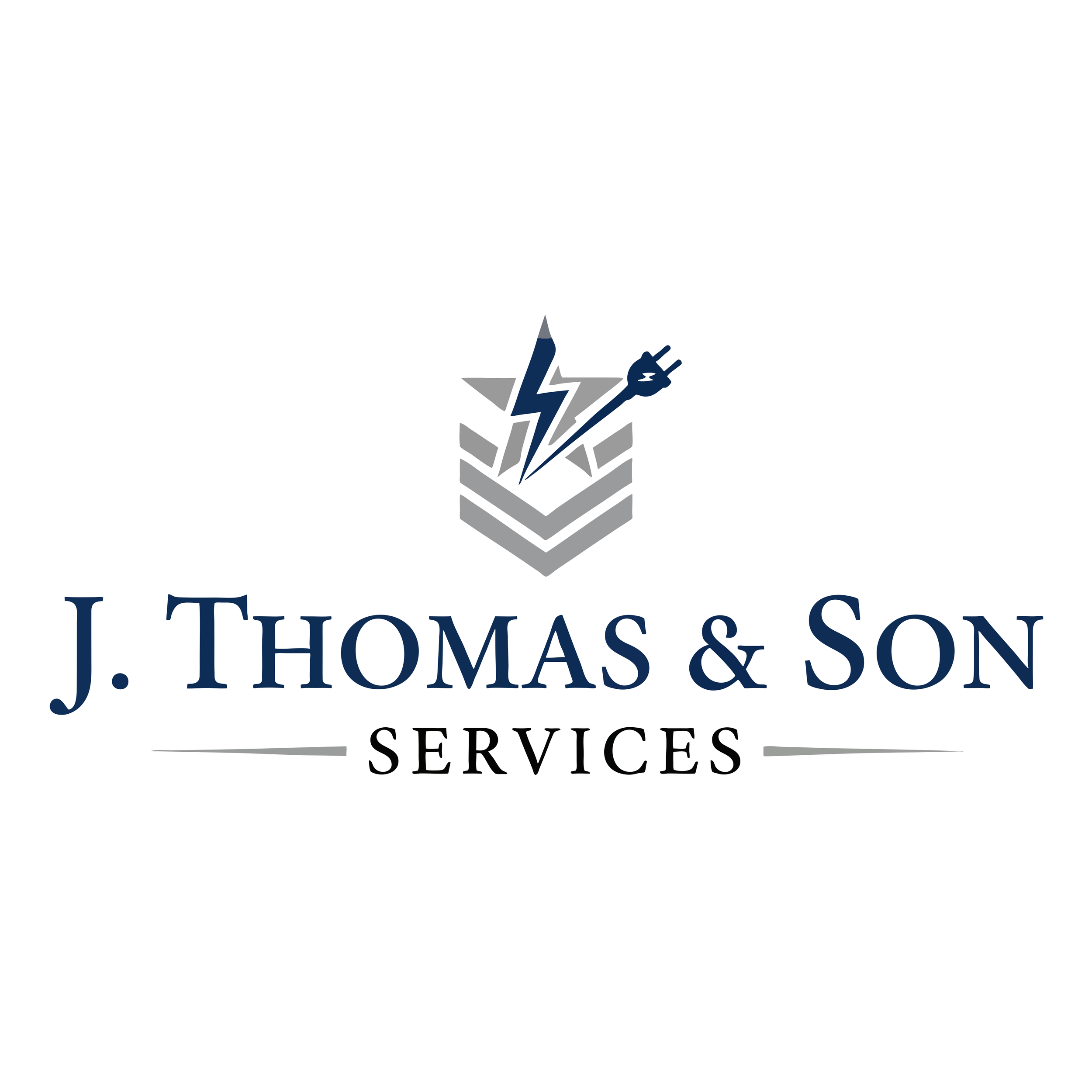 Logo for J. Thomas & Son Services featuring a shield with a lightning bolt, a pencil, and an electrical plug, with the company name below.