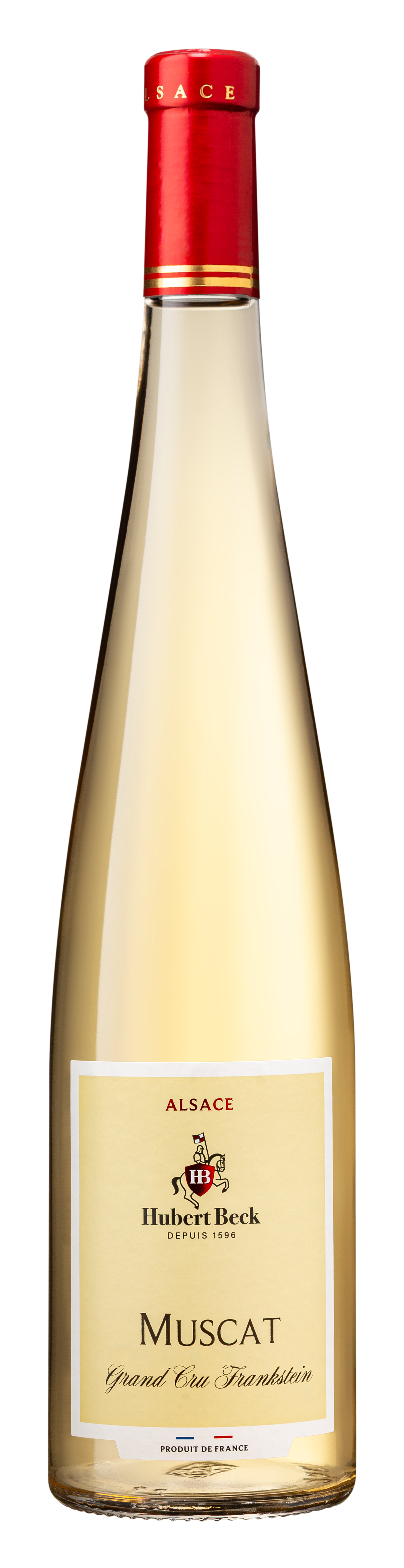 Bouteille de vin blanc Muscat Hubert Beck d'Alsace, avec une étiquette blanche et un bouchon rouge avec des rayures dorées.