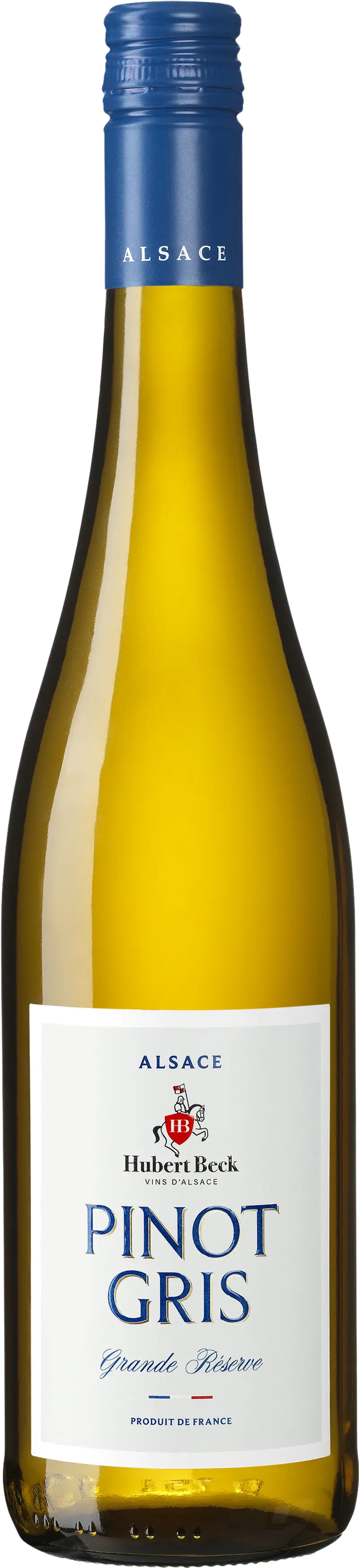 Bouteille de vin blanc d'Alsace, variété Pinot Gris, marque Hubert Beck, avec un bouchon bleu et une étiquette blanche.