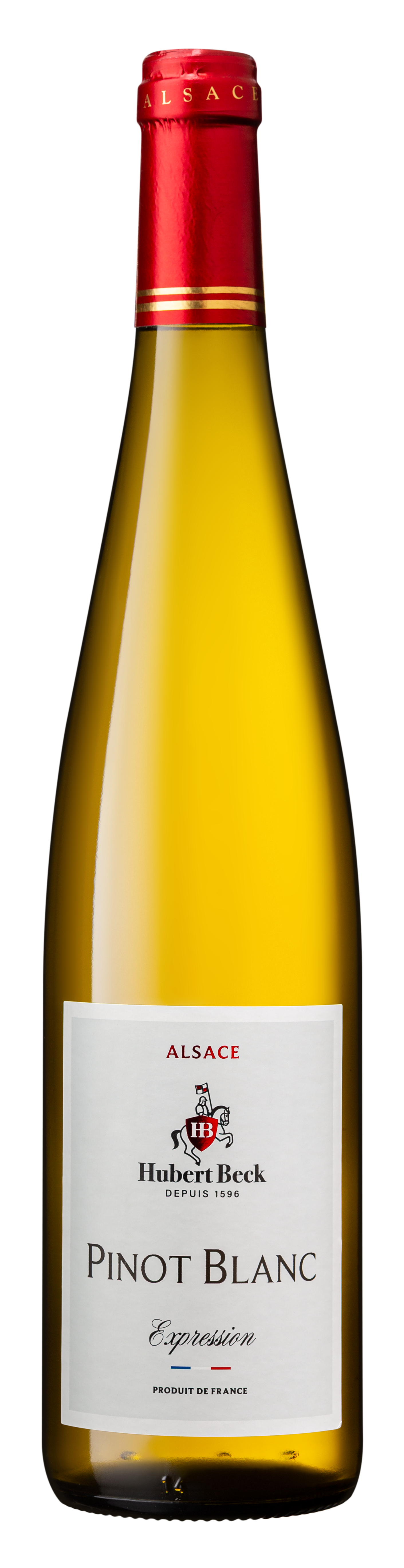 Bouteille de vin blanc Pinot Blanc de la marque Hubert Beck, gamme Expression, avec capsule rouge et étiquette blanche.