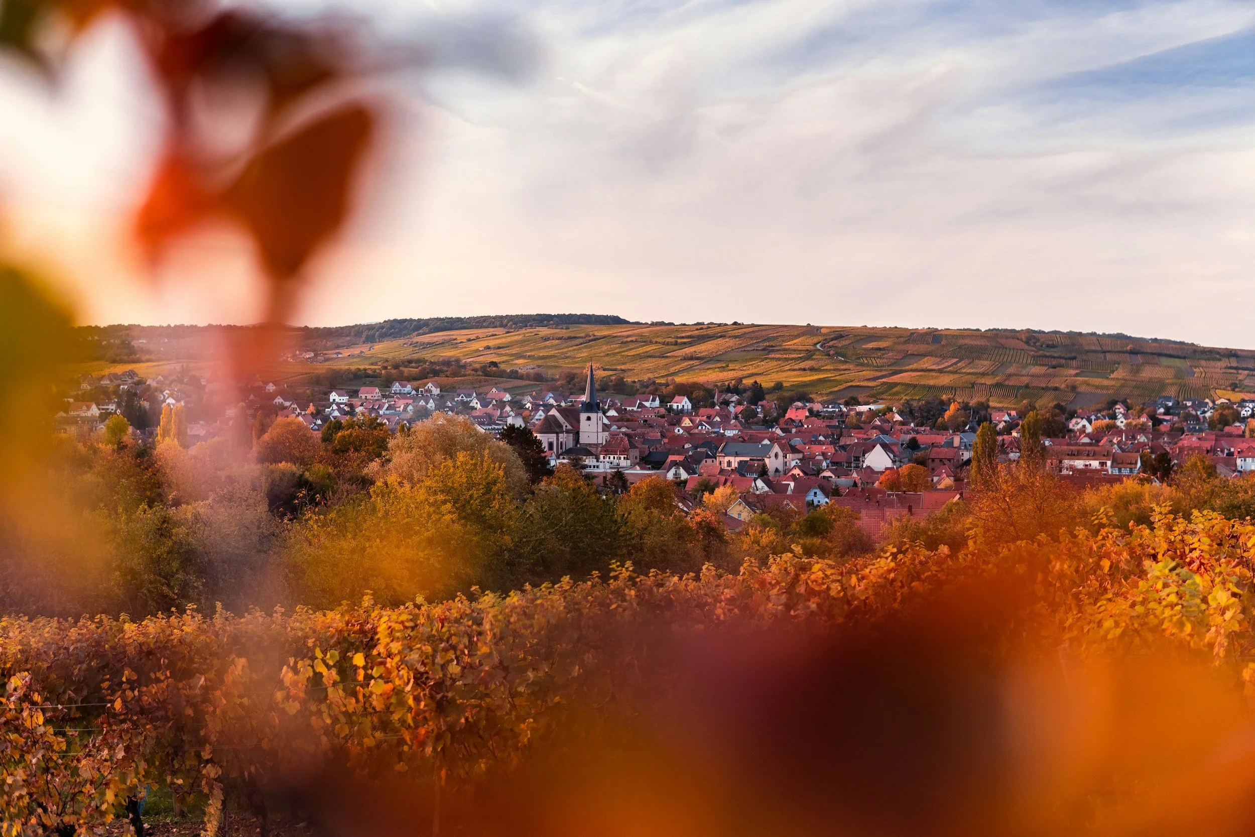 Paysage de village avec église, maisons rouges et collines en arrière-plan, encadré par des feuilles d'automne floues au premier plan.