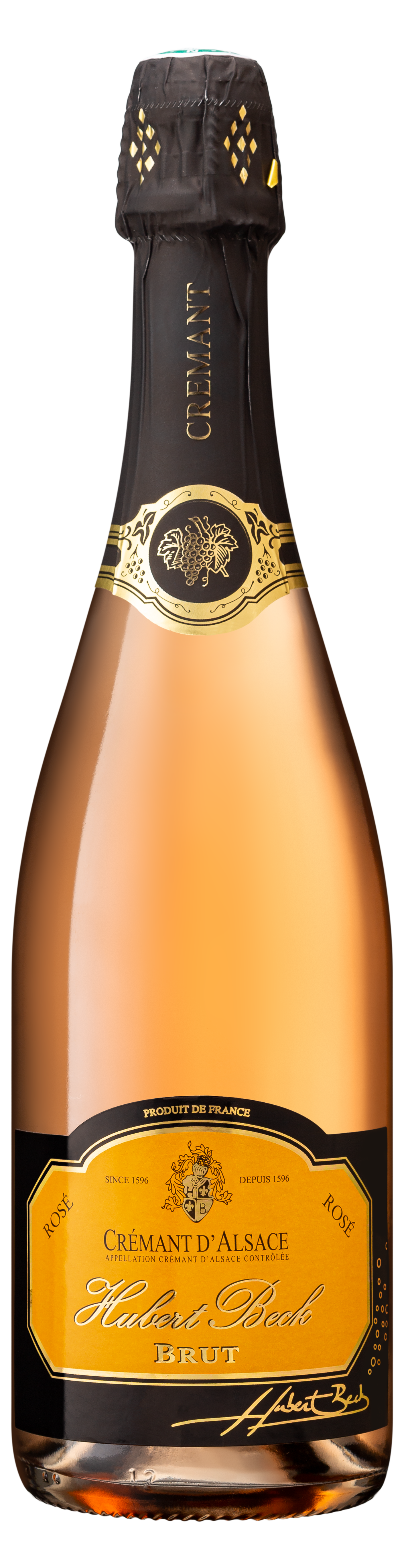 Bouteille de Crémant d'Alsace Hussert Beck, vin mousseux brut rosé, avec capsule noire et étiquette jaune et noire.