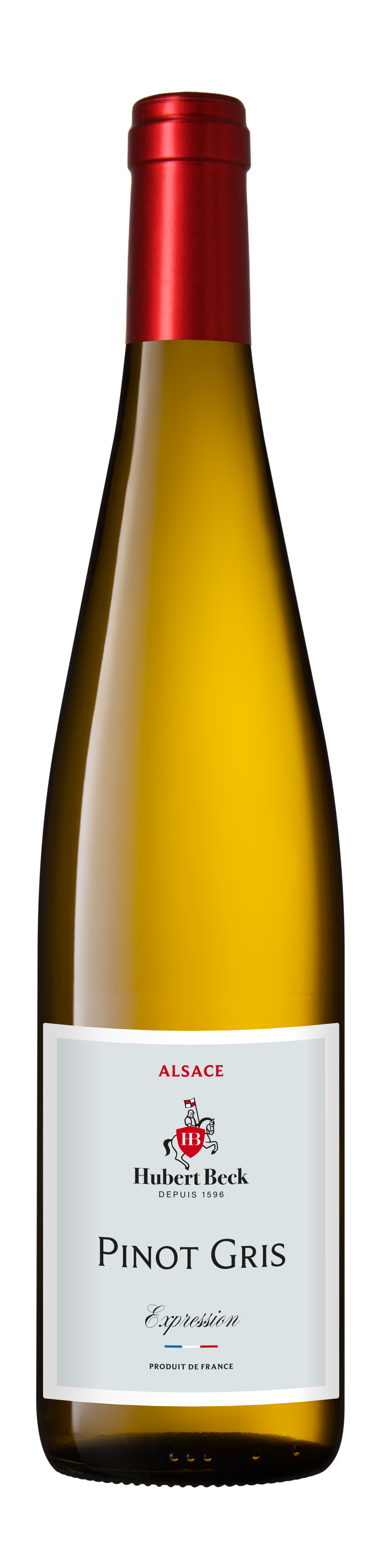 Bouteille de vin blanc Pinot Gris de la région Alsace en France, avec un étiquette blanche, texte noir, et un bouchon rouge.