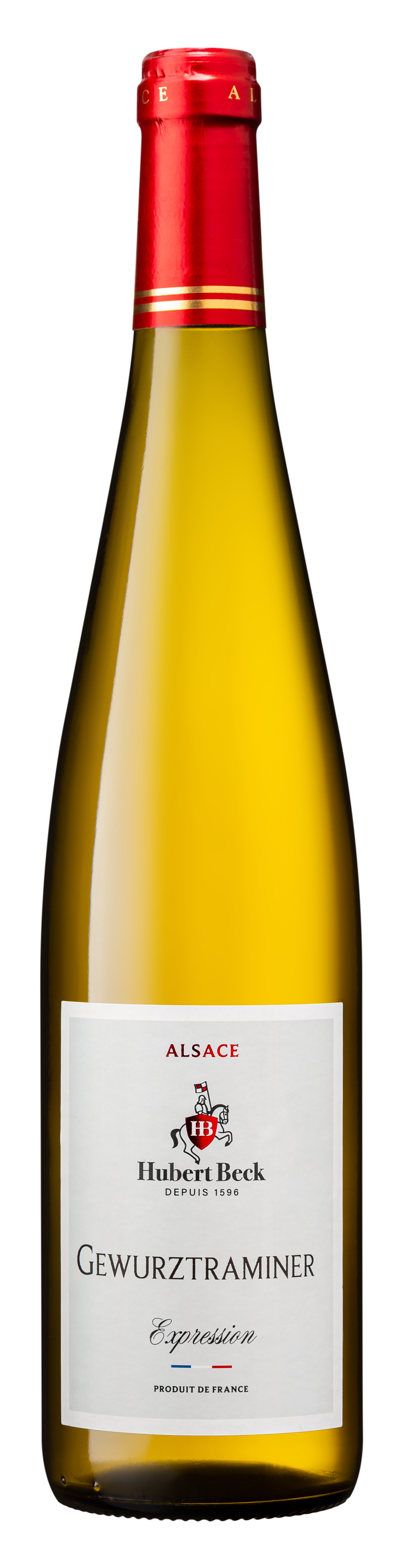 Bouteille de vin blanc Gewurztraminer de l'Alsace, marque Hubert Beck, de la gamme Expression, avec étiquette blanche et capsule rouge.