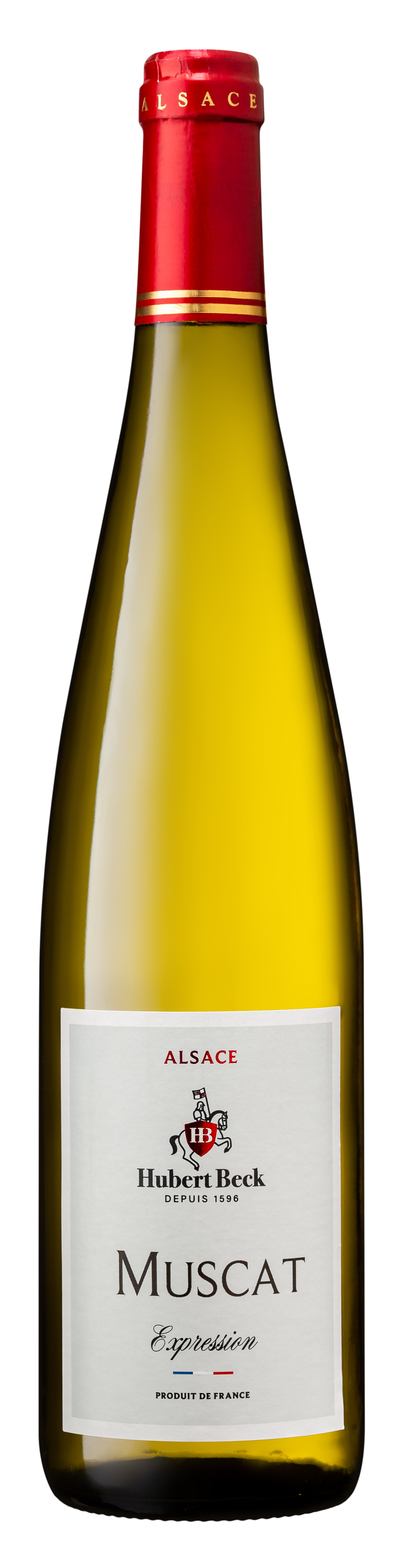 Bouteille de vin blanc Muscat de la marque Hubert Beck, vins d'Alsace, gamme Expression, avec étiquette blanche, logo, et bouchon rouge.