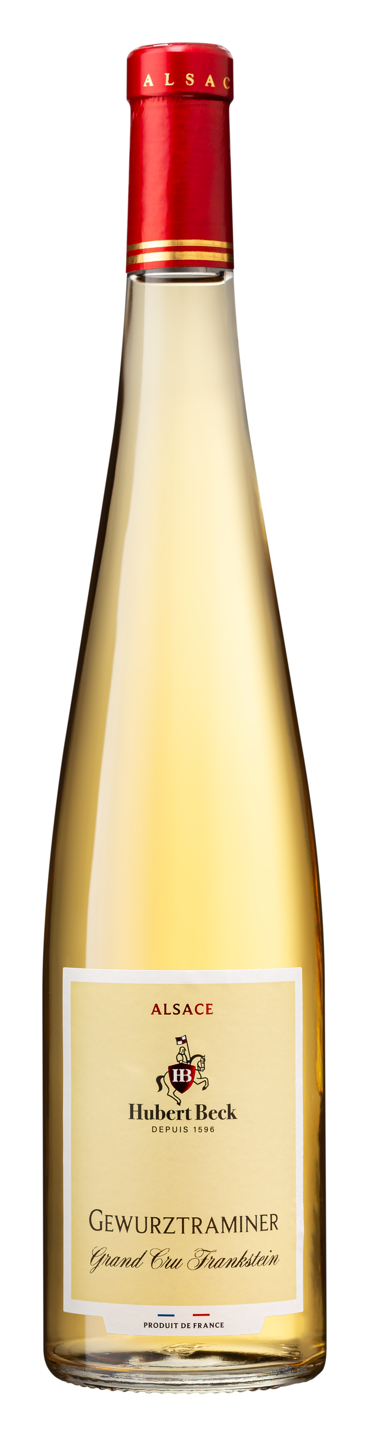 Bouteille de Gewurztraminer Grand Cru Frankstein d'Alsace, produite en France, avec étiquette beige et bouchon rouge.