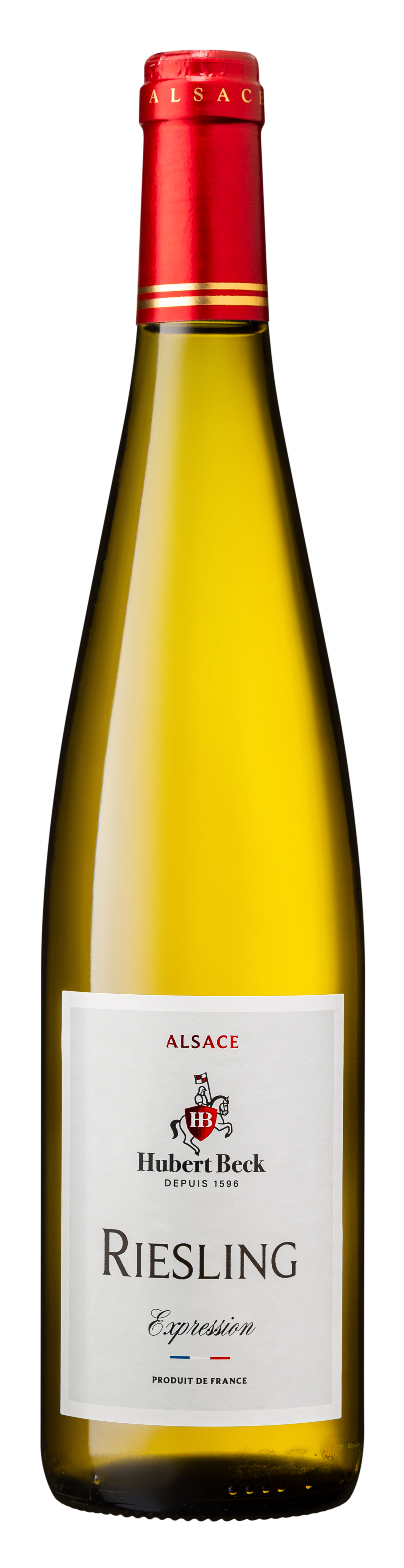 Bouteille de vin Riesling d'Alsace, marque Hubert Beck, gamme Expression avec étiquette blanche, capsule rouge, et design simple.