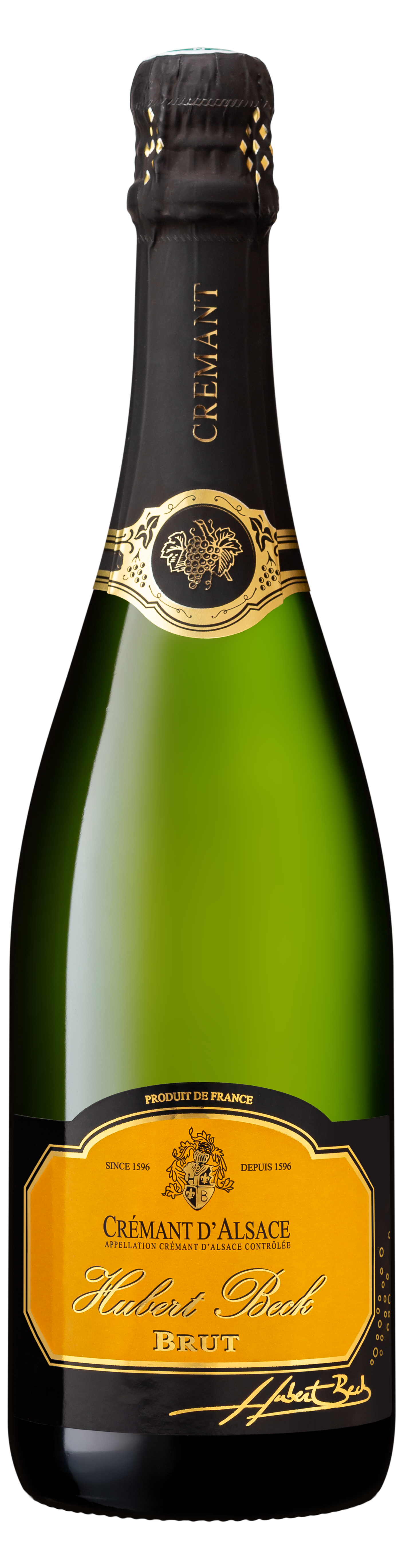 Bouteille de Crémant d'Alsace de la marque Hubert Beck, qualité Brut, capsule noire