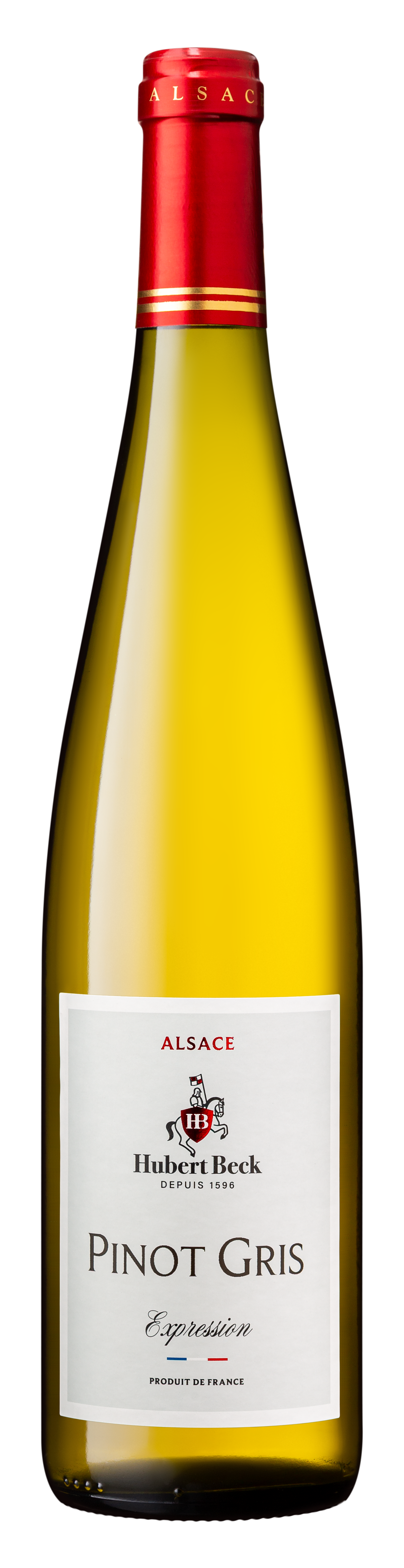 Bouteille de vin blanc Pinot Gris de la région Alsace, gamme expression, de la marque Hubert Beck, avec étiquette blanche et capsule rouge