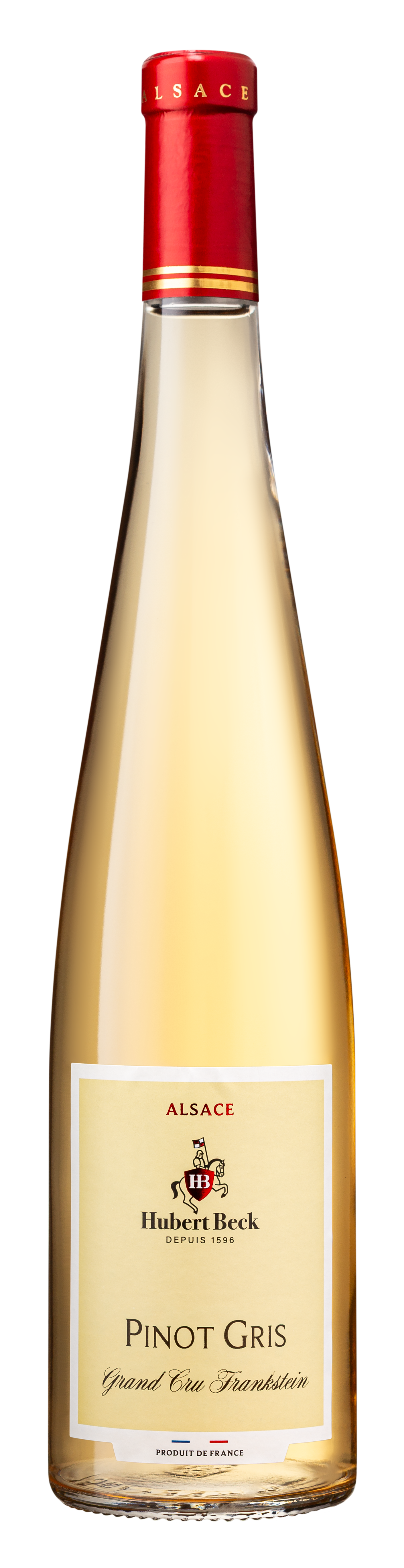 Bouteille de vin blanc Pinot Gris Grand Cru Frankstein, AOP Alsace, de la marque Hubert Beck, capsule rouge.