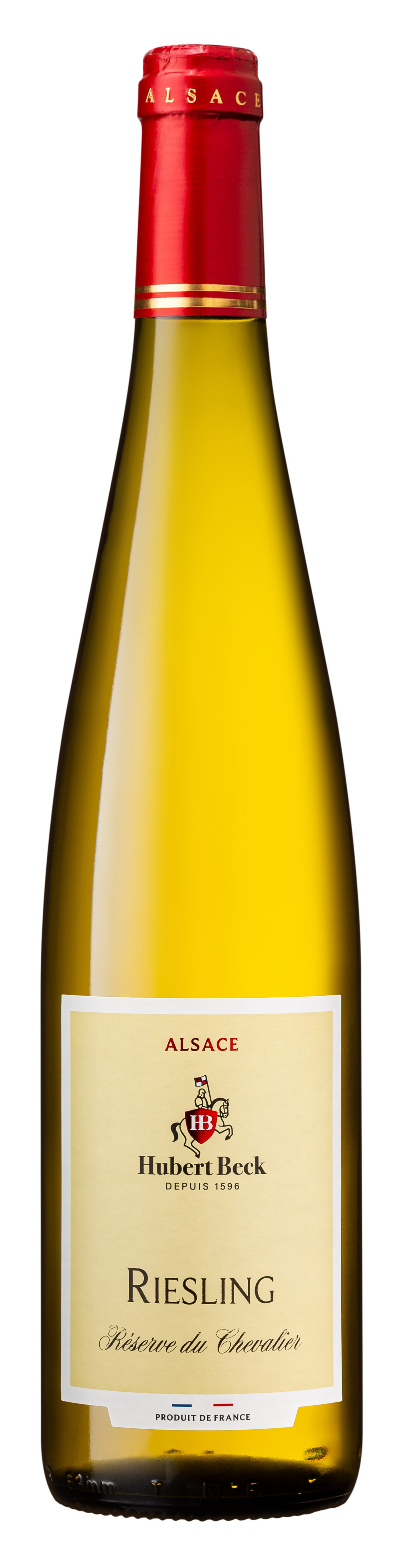 Bouteille de vin Riesling d'Alsace de la marque Hubert Beck, gamme Réserve du Chevalier, avec étiquette blanche et capuchon rouge.