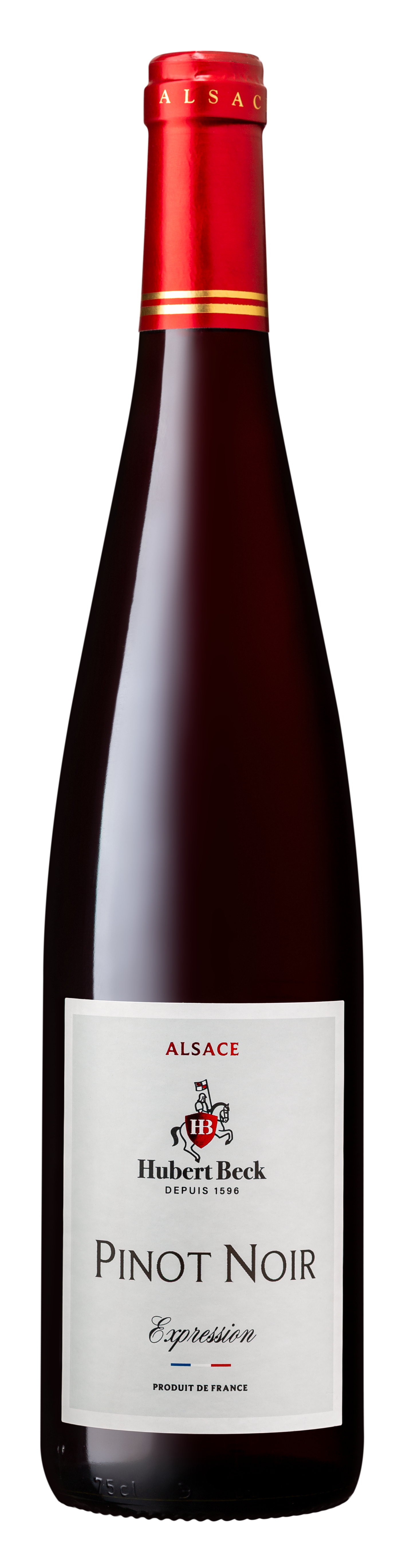 Bouteille de vin rouge Pinot Noir d'Alsace de la marque Hubert Beck, gamme Expression, avec une capsule rouge et une étiquette blanche.