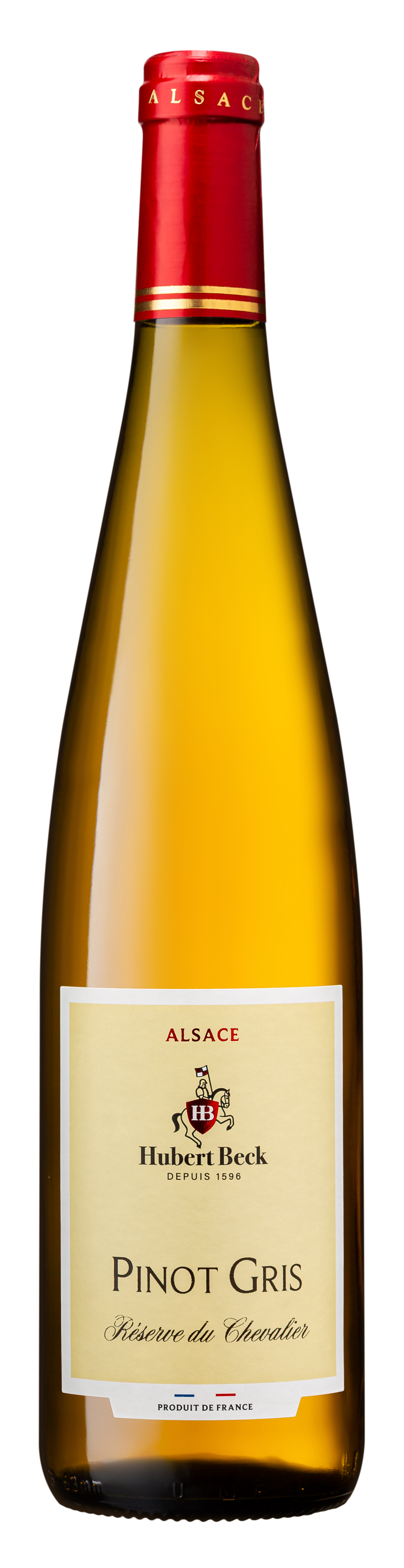 Bouteille de vin blanc Pinot Gris de la région Alsace, marque Hubert Beck, avec étiquette beige et bouchon rouge.