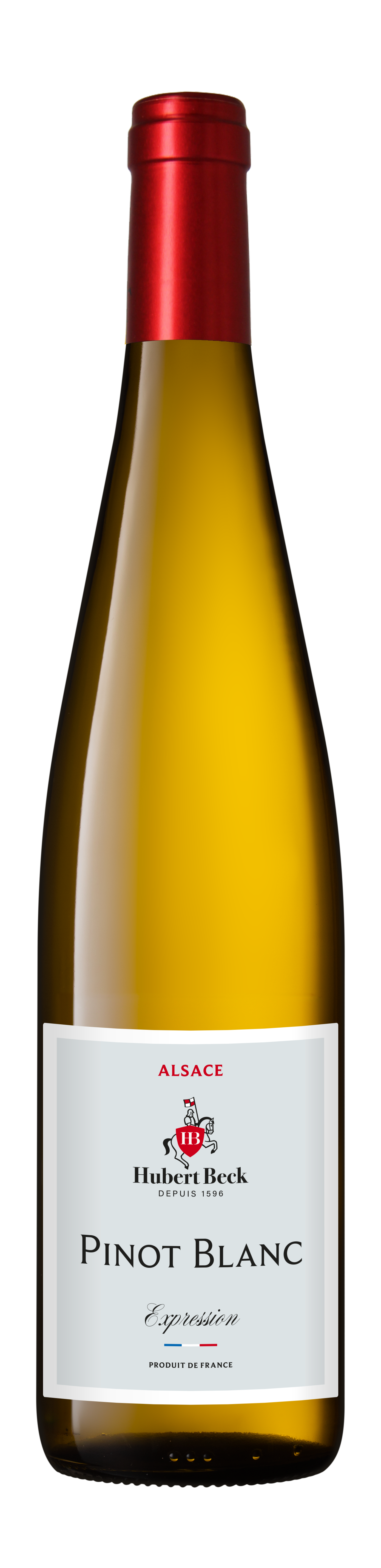 Bouteille de vin blanc Pinot Blanc de la région Alsace, avec étiquette blanche, logo de Hubert Beck, capuchon rouge.